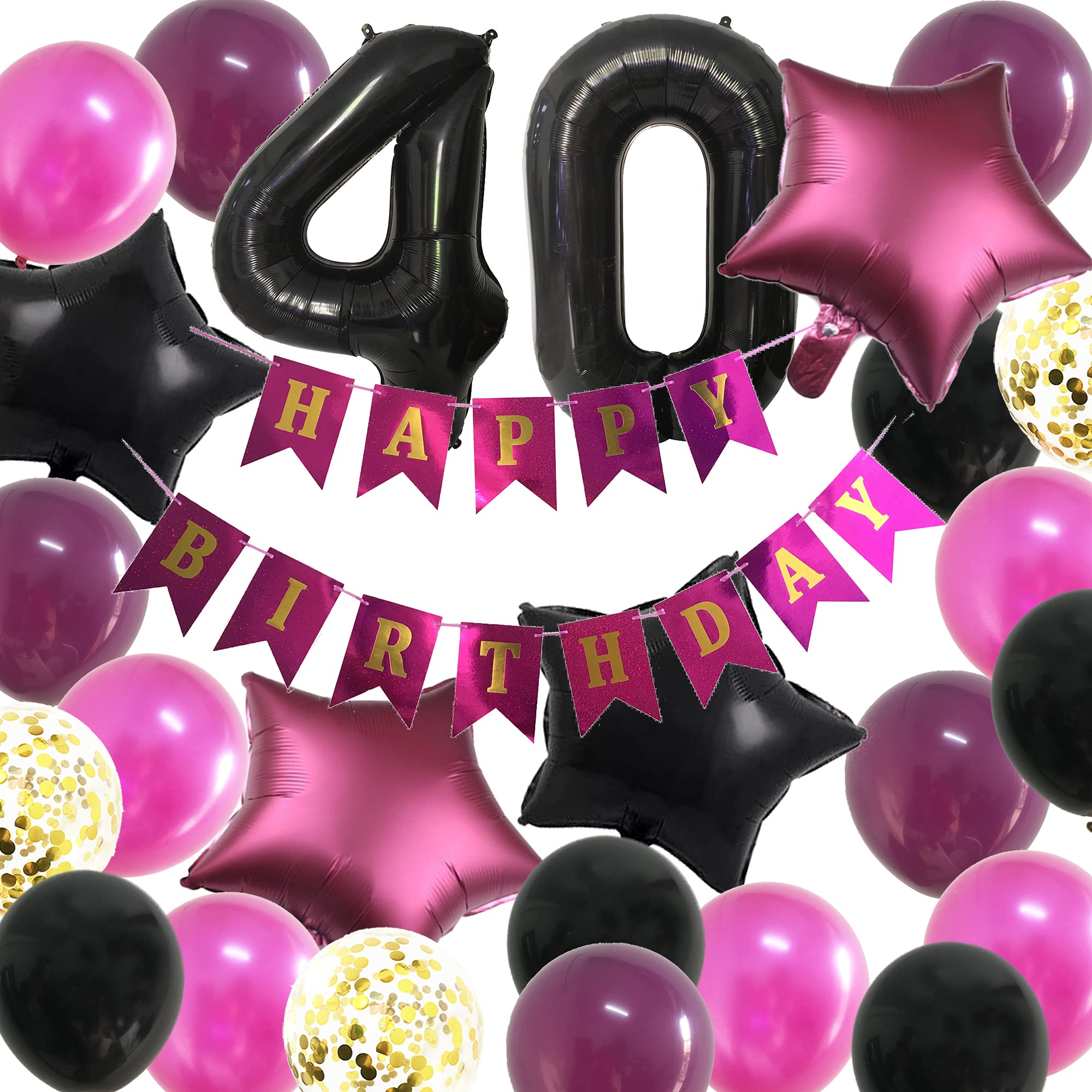 40th Birthday Party Decorations for Women - Happy 40th Birthday Supplies Kit with Balloons (Black, Pink, Magenta) - Perfect for Milestone Celebrations & Surprise Parties