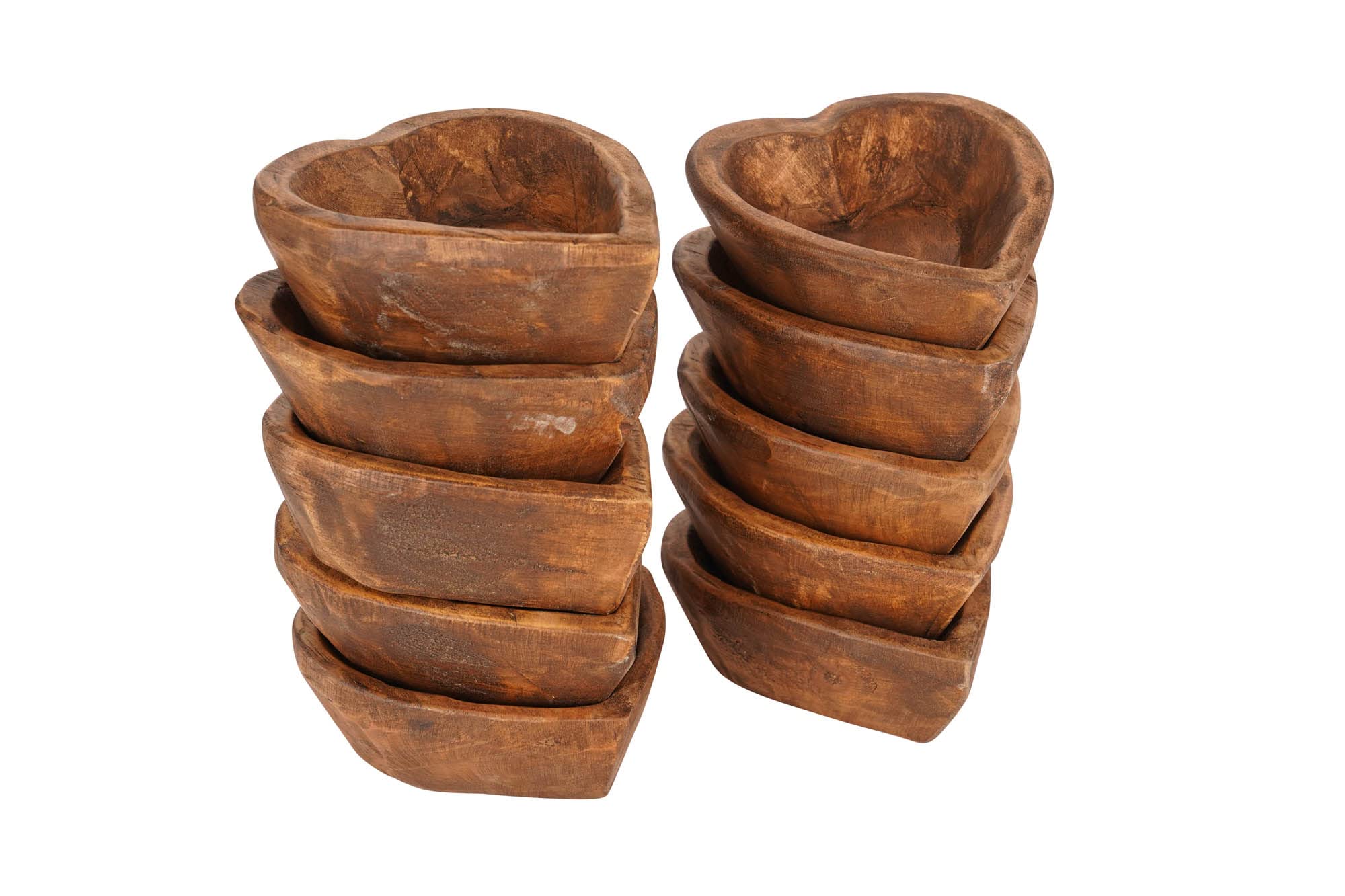 Hand Carved Mini Heart Shaped Wooden Bowls Set of 10 - Natural Stained Wooden Dish for Candles, Jewelry & Home Decor - Perfect for Valentine's Gift, Wedding Favors & Table Centerpieces