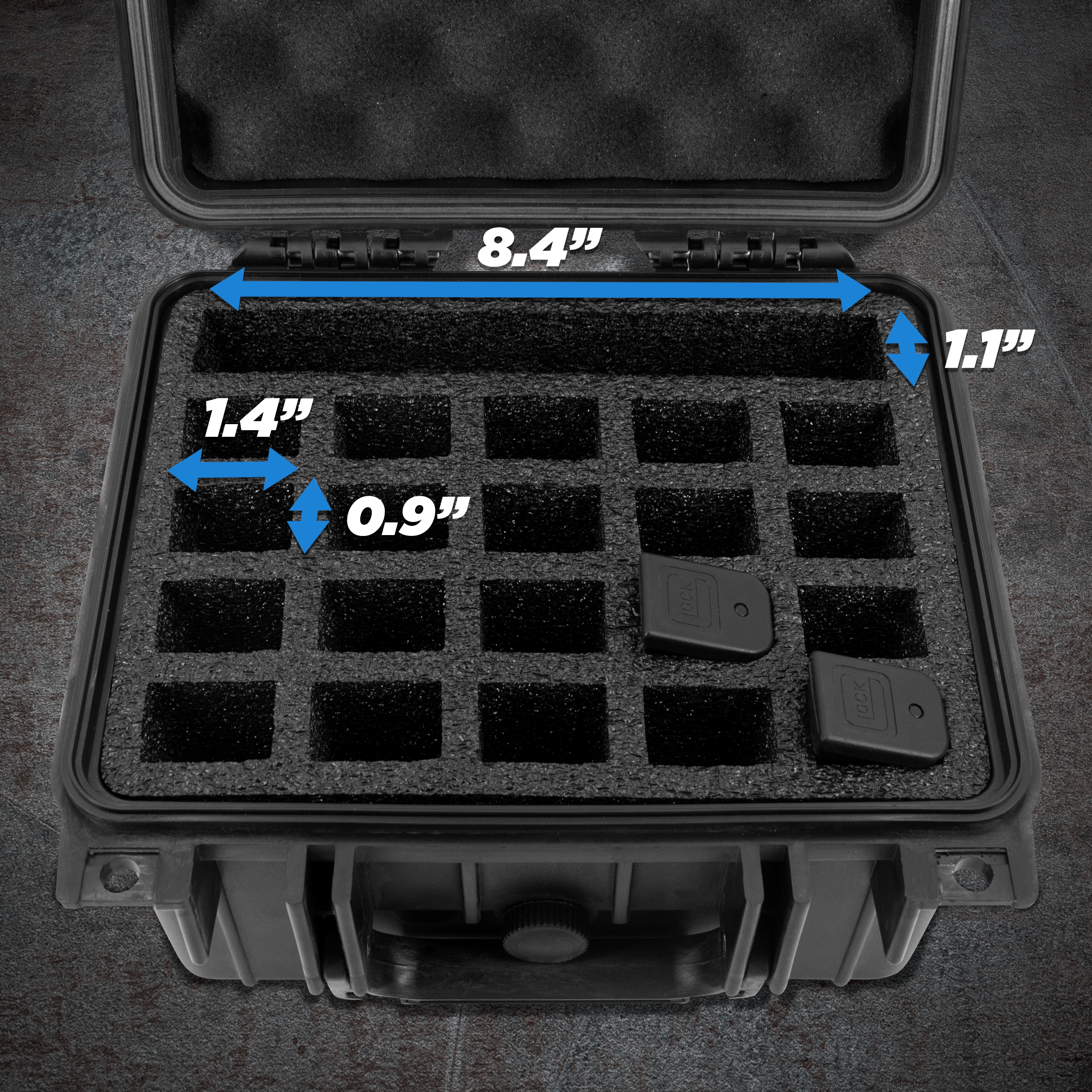 CASEMATIX 25 Pistol Magazine Storage Case - Waterproof Gun Magazine Holder for 25 9mm Magazines or 20 Mags + 1 Pistol | Durable Protective Case for Range, Travel & Secure Storage