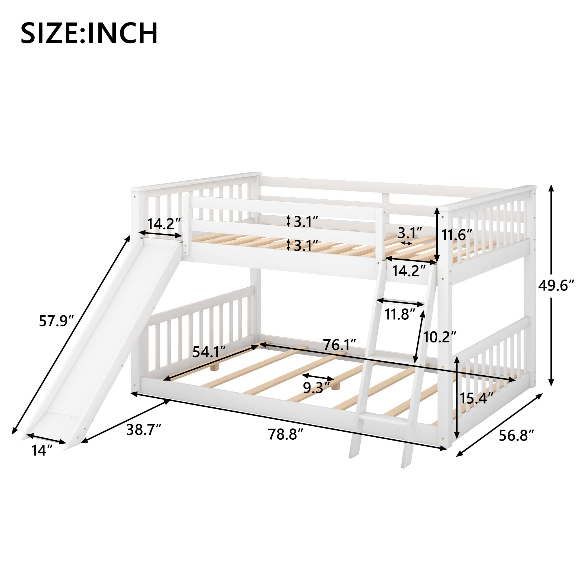 SOFTSEA Full Over Full Bunk Bed with Convertible Slide - Low Profile Kids Bunk Bed in White - Perfect for Small Bedrooms, Shared Kids Rooms & Sleepovers