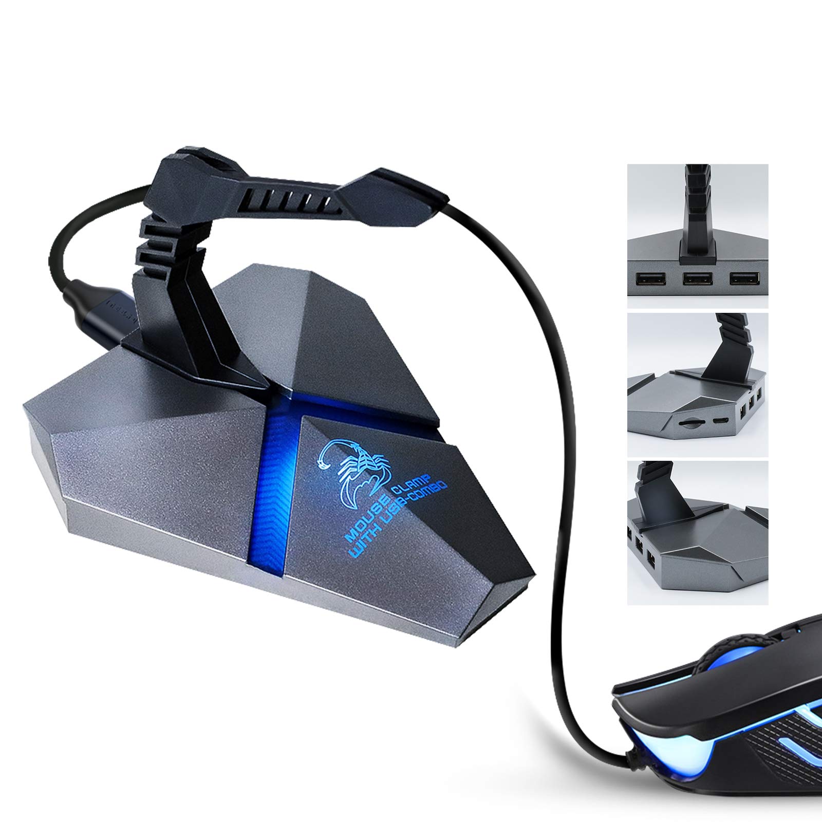 ABCOOL USB Hub 2.0 - 3-Port USB C Adapter with MicroSD Card Reader, Gaming Mouse & Headset Bungee Holder - Cable Management Organizer for Office Desk - Compatible with Windows, MacOS, Linux & PS5 - RGB Backlight - Perfect for Gaming Setup & Home Office Workspace