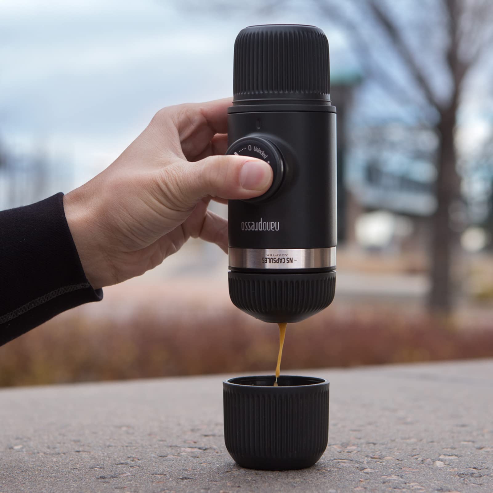 WACACO Nanopresso Portable Espresso Maker with NS Adapter - Hand Pump Travel Coffee Machine for Nespresso Capsules & Ground Coffee - Perfect for Camping, Hiking & Outdoor Adventures