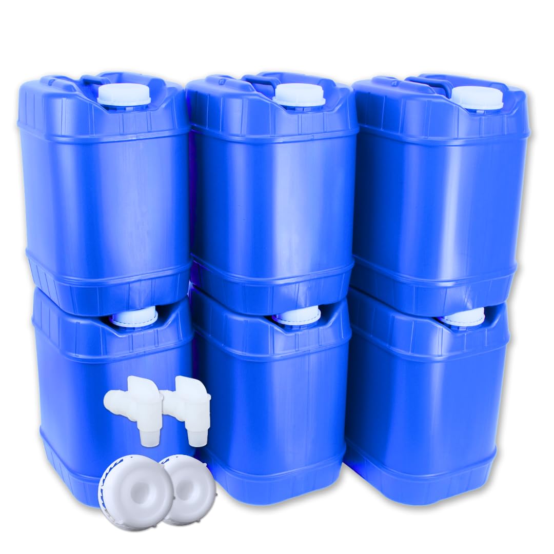 5-Gallon Stackable Water Storage Containers with Lids & Spigot - Emergency Water Supply for Camping, RV, Disaster Preparedness - Easy Fill, 30 Gallon Capacity (6 Tanks) - Perfect for Outdoor Adventures & Emergency Survival Kits