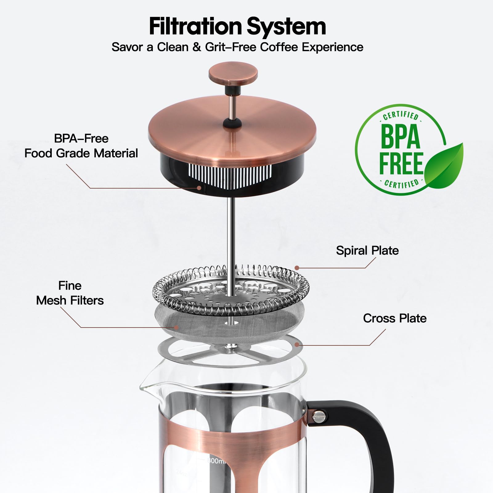 Panana 34oz 1L French Press Coffee Maker - Borosilicate Glass & Stainless Steel (Copper) - Ideal for Hot/Cold Brew Coffee & Tea at Home, Office or Camping