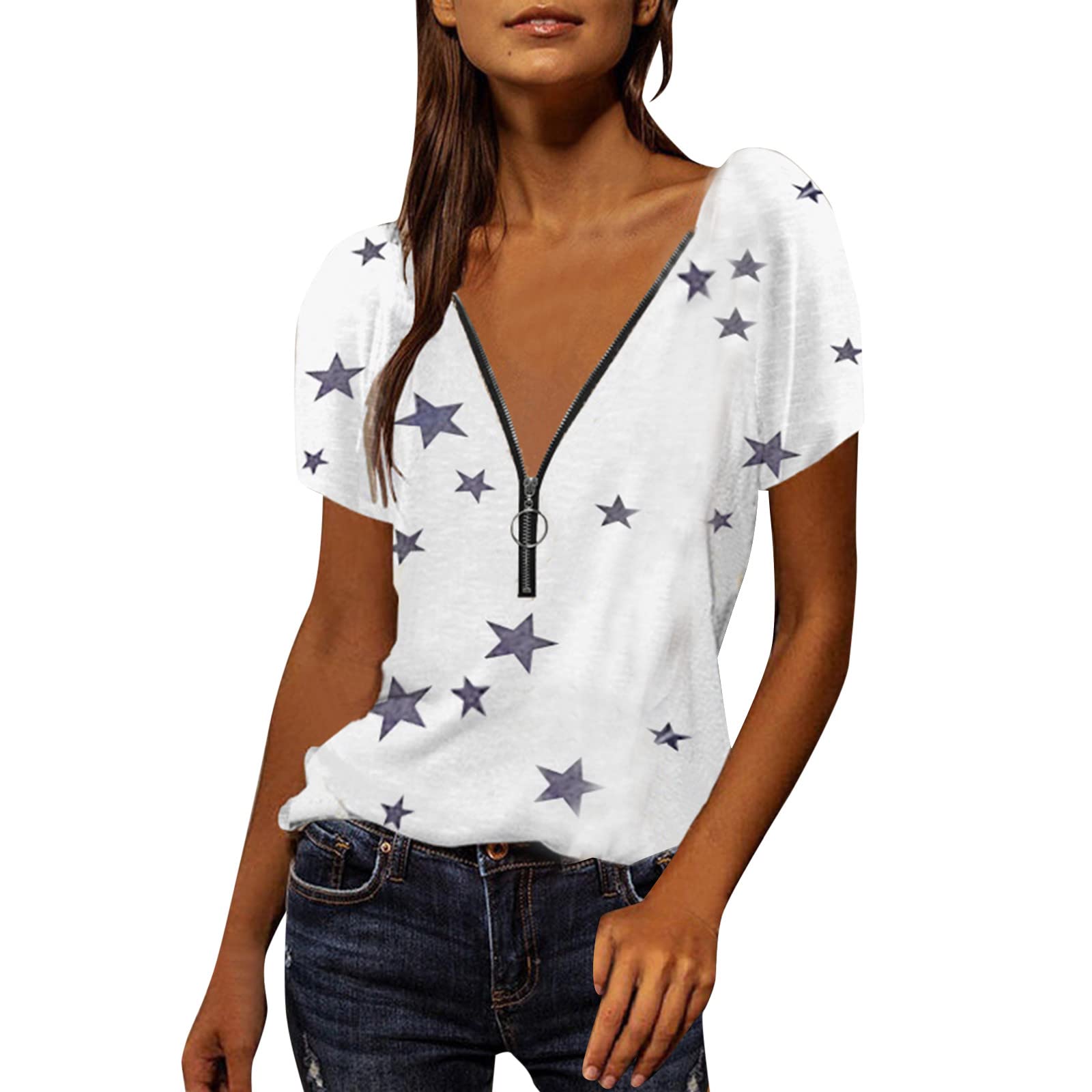 Women's V-Neck Zipper Workout Tops - Printed Short Sleeve Athletic T-Shirts for Yoga, Running & Gym - Casual Blouse for Women's Going Out & Daily Wear