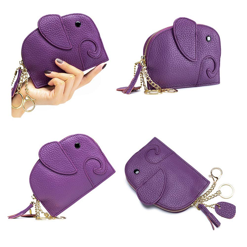 Genuine Leather Mini Wallet - Cute Cartoon Elephant Card Holder & Coin Pocket for Women with Key Ring Organizer (Purple) | Compact Purse for Everyday Use, Travel & Gift Giving