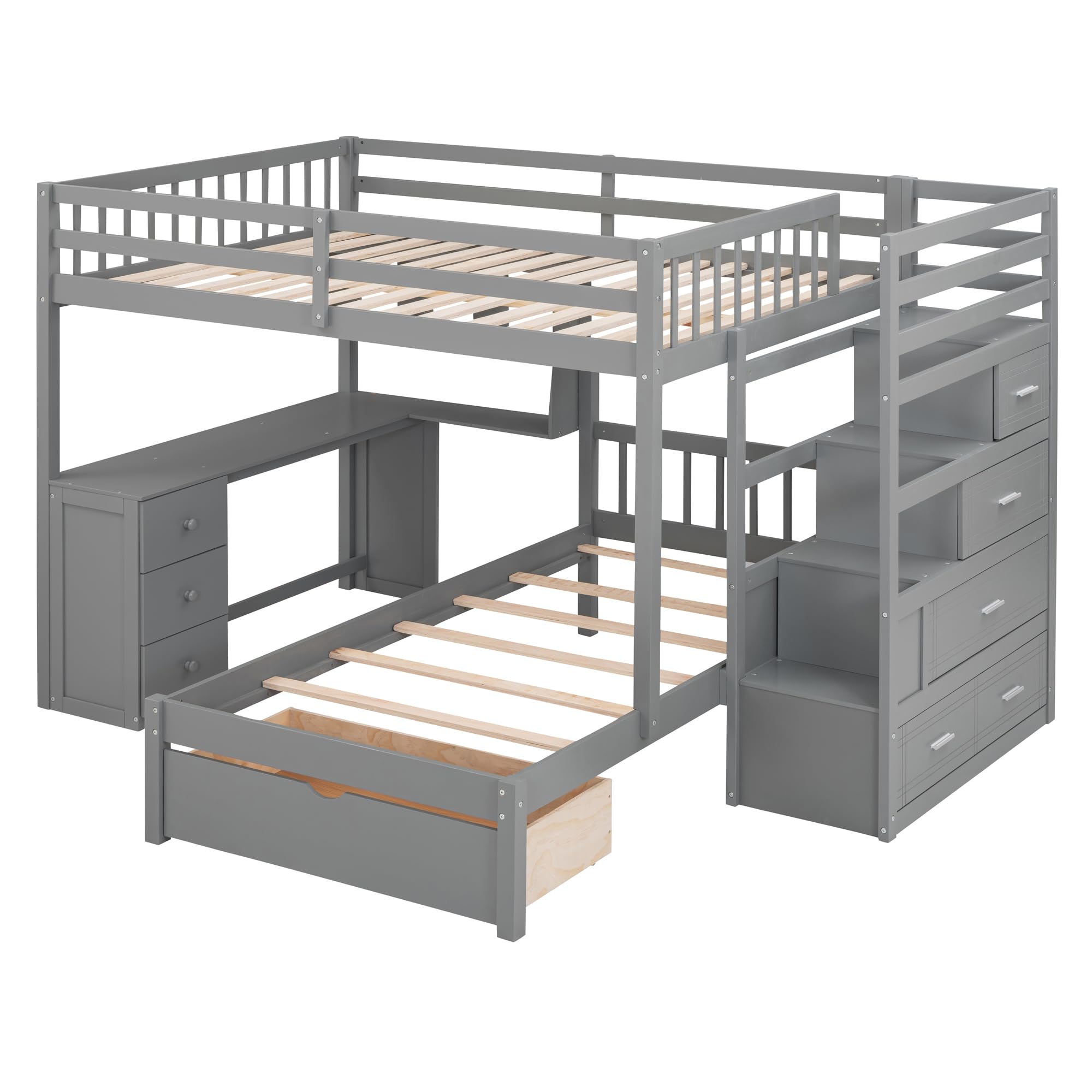 SOFTSEA Solid Wood Full Over Full Bunk Bed Frame with Built-in Desk, Staircase & Storage Drawers - Sturdy, Noise-Free, No Box Spring Needed - Grey - Perfect for Kids' Bedroom, Guest Room & Space-Saving Solutions
