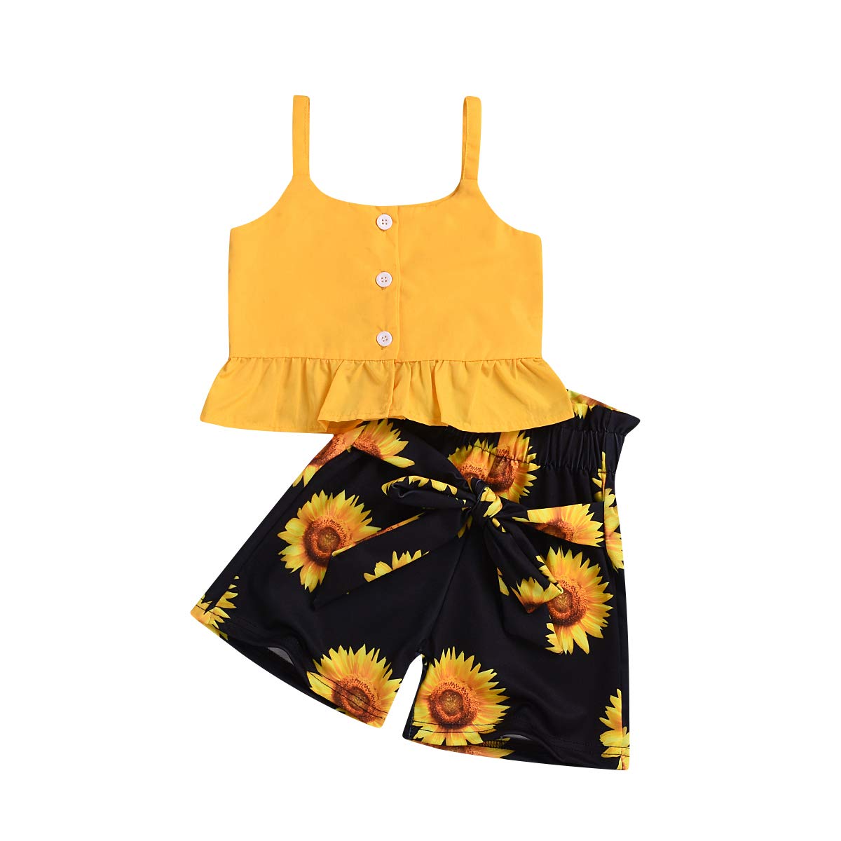 Toddler Baby Girl Summer Outfits 2-Piece Set - Sleeveless Ruffle Top & Sunflower Print Shorts | Playtime, Beach, Outdoor Activities