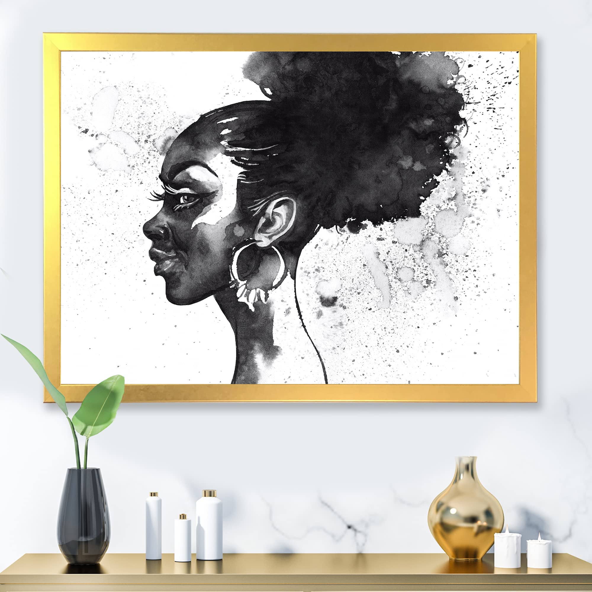 DesignQ Black and White Portrait of African American Woman - Modern Framed Wall Art Decor for Living Room, Bedroom & Office