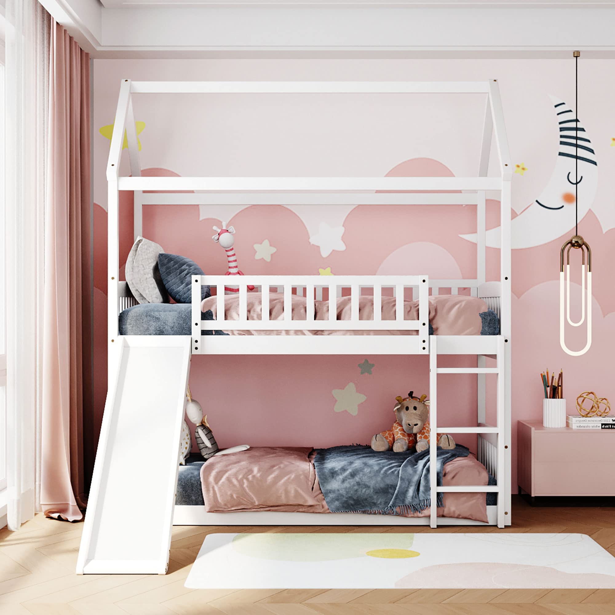 **Kids Wooden Twin Over Twin Bunk Bed with Slide - White Space-Saving Loft Bed for Boys & Girls - Perfect for Small Bedrooms, Playrooms & Shared Kids Rooms**