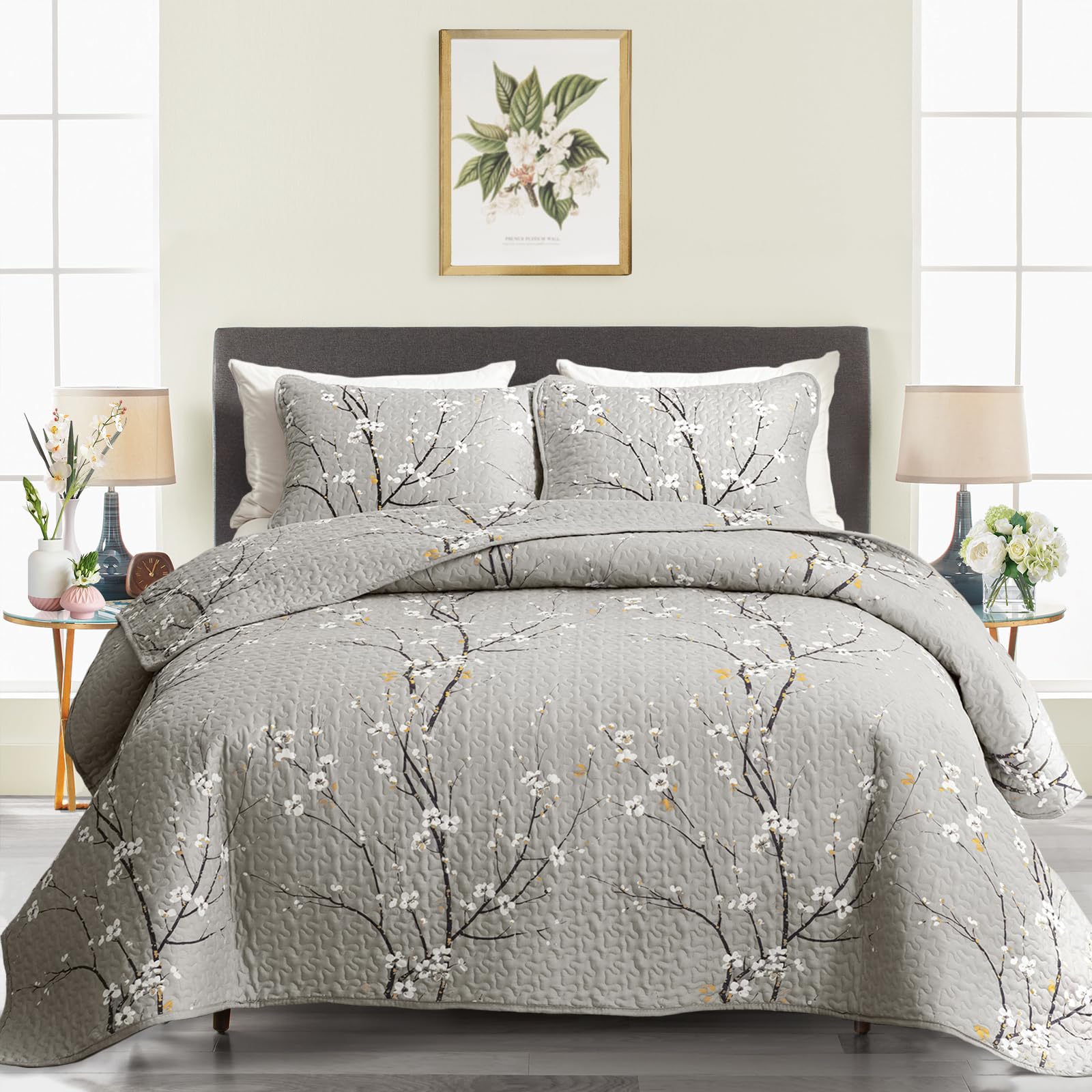 UOZZI 2-Piece Reversible Quilt Set - Gray Branch with White Orange Floral Pattern - Twin Size 68x86 Inches - Soft Microfiber Lightweight Bedspread - All Season Coverlet for Bedroom, Guest Room & Dorm - Includes 1 Quilt + 1 Shams