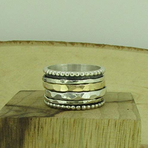 Spinner Ring for Women - Handmade Wide Silver & Gold Filled Meditation Ring with Hammered Mixed Metal Design | Stress Relief, Anxiety Relief & Focus Tool for Yoga, Mindfulness & Daily Wear