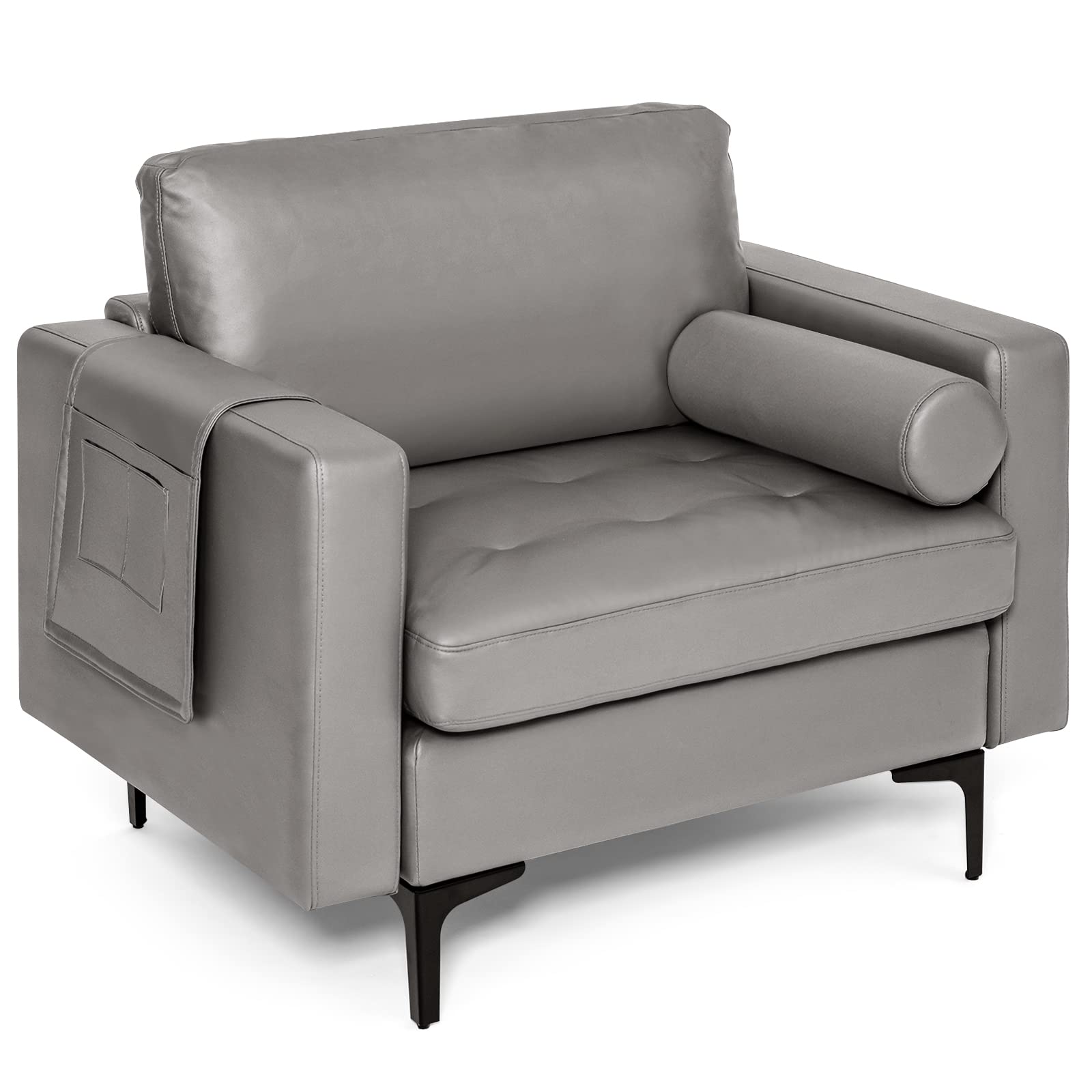 Giantex Set of 2 Single Sofa Chairs with Cushion & Bolster, Upholstered Armchairs with Magazine Pockets - Dark Grey Living Room Furniture for Bedroom, Reception & Leisure Spaces