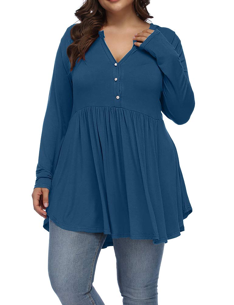 ALLEGRACE Women's Plus Size Henley V-Neck Button Tunic Top - Long Sleeve Flowy Swing Shirt for Casual Wear, Office & Everyday Outfits