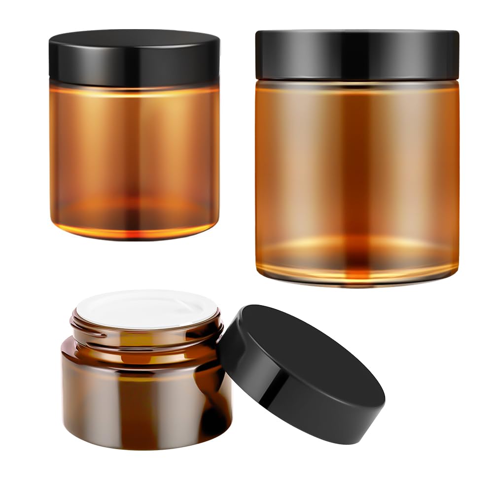 Amber Glass Jars with Lids - Tecohouse 4oz, 2oz & 1oz Reusable Travel Containers for Creams, Lotions & Cosmetics (3-Pack) - Perfect for DIY Skincare, Essential Oils & Travel Toiletries