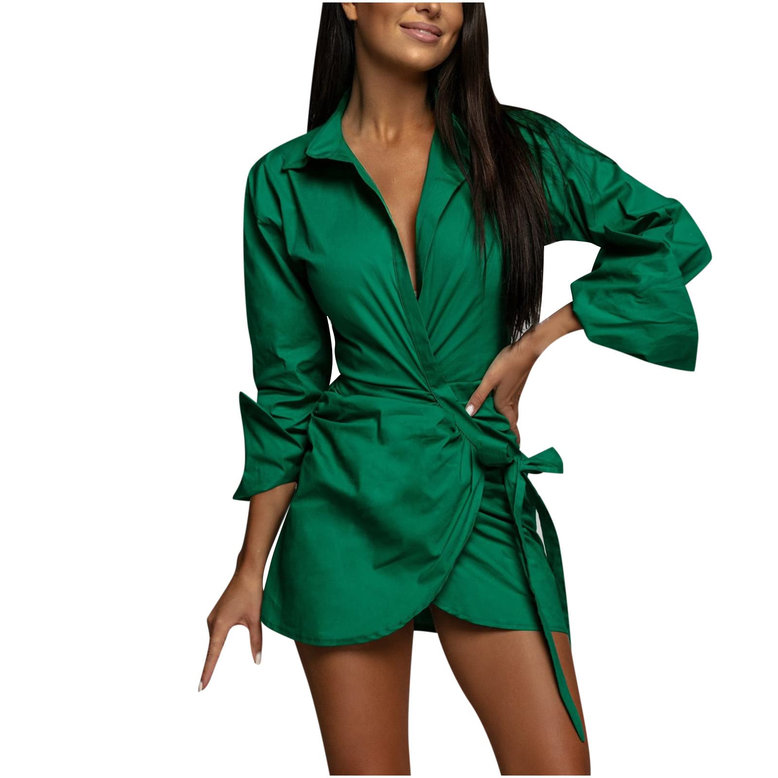YZHM Women's Long Sleeve V-Neck Mini Dress - Solid Color Collared Lace-Up Bodycon Shirt Dress with Ruched Detail | Perfect for Night Out, Date Night, Club Wear & Casual Chic Outfits