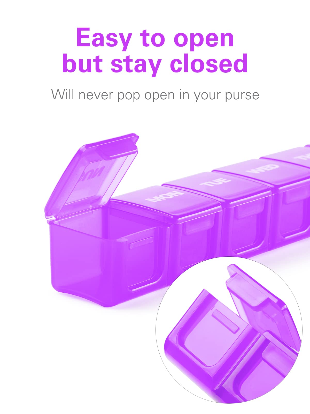BUG HULL Weekly Pill Organizer 2-Pack - Extra Large 7-Day Travel Pill Box for Vitamins, Supplements & Medications (White+Purple) | Perfect for Daily Medication Management & Travel Essentials