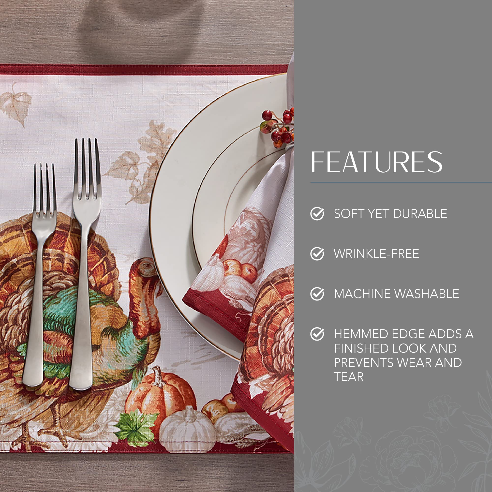 Elrene Home Fashions Thanksgiving Placemats Set of 4 - 13x19 Inch Fall Table Mats with Turkey Border Design for Autumn Dining Decor - Perfect for Holiday Dinner Parties, Family Gatherings & Seasonal Home Decor