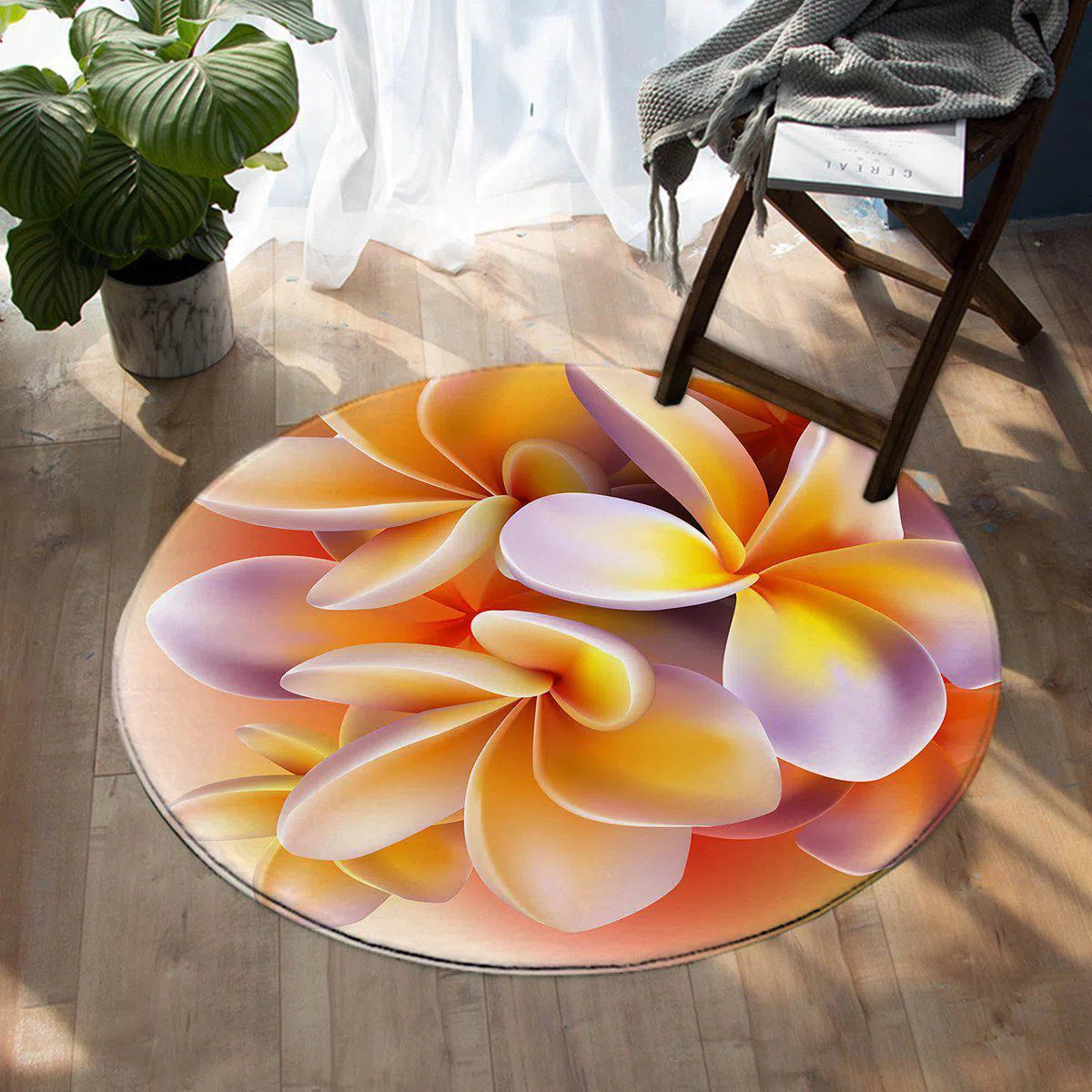 Stylish Frangipani Round Area Rug - Soft Non-Slip Boho Chic Decor for Living Room, Bedroom & Nursery - Perfect for Home Decor, Yoga Space and Cozy Gatherings