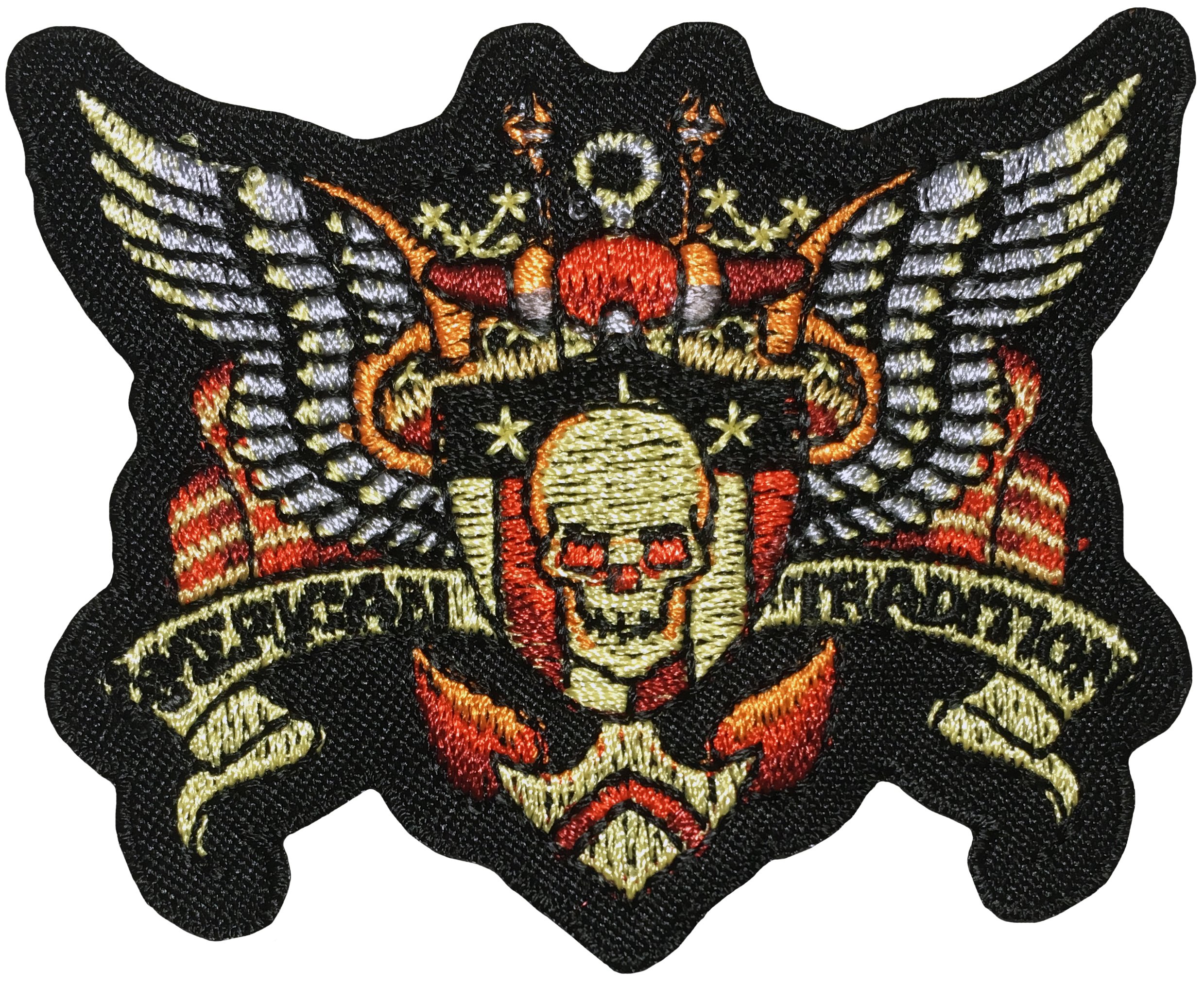 American Tradition Skull Wings USA Flag Anchor Shield Biker Motorcycle Chopper Jacket Vest Embroidered Iron-On Patch - Perfect for Leather Jackets, Denim Vests & Biker Gear Customization