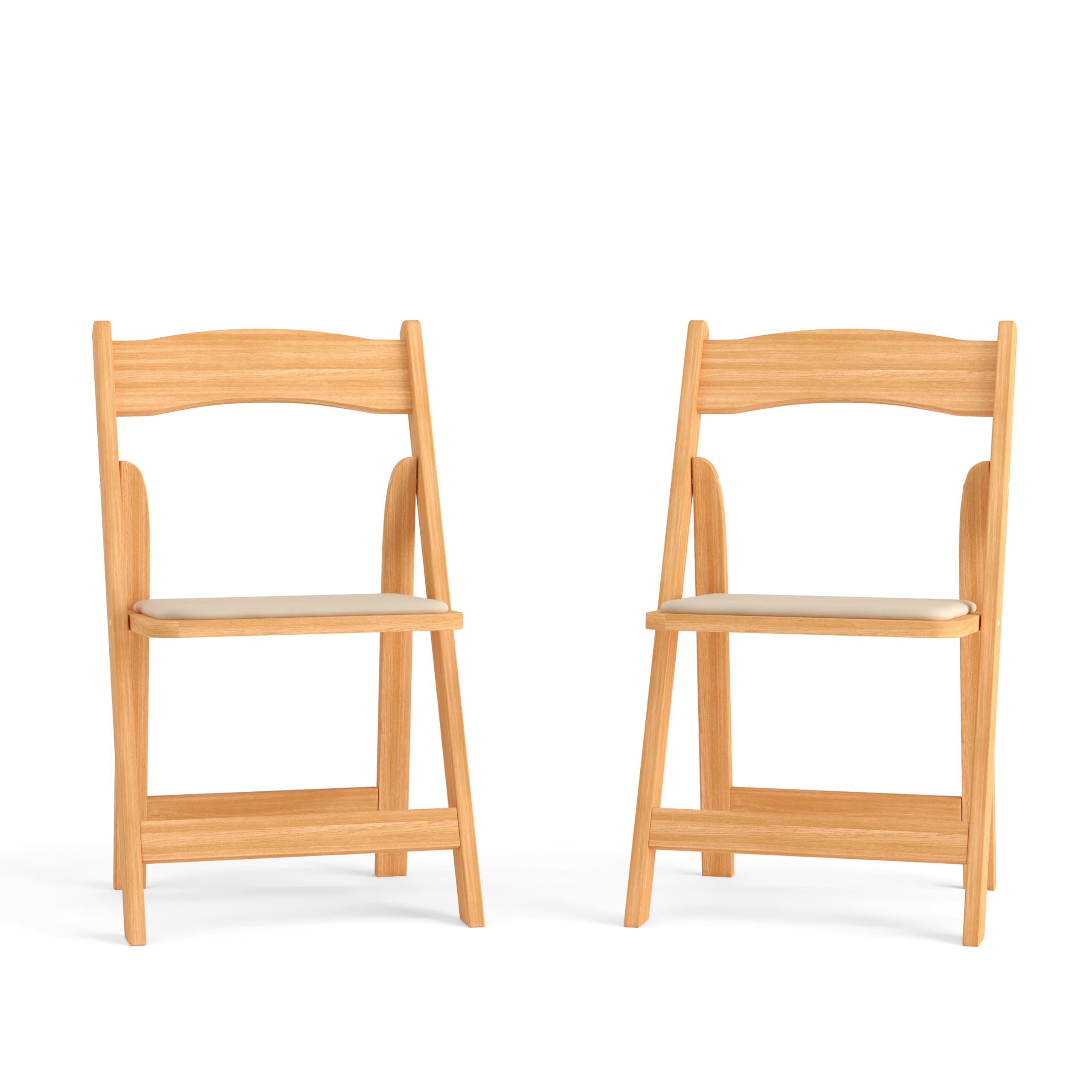 EMMA + OLIVER 2 Pack Natural Wood Folding Chairs with Vinyl Padded Seat - Sturdy & Comfortable for Dining, Patio, Camping, and Outdoor Events