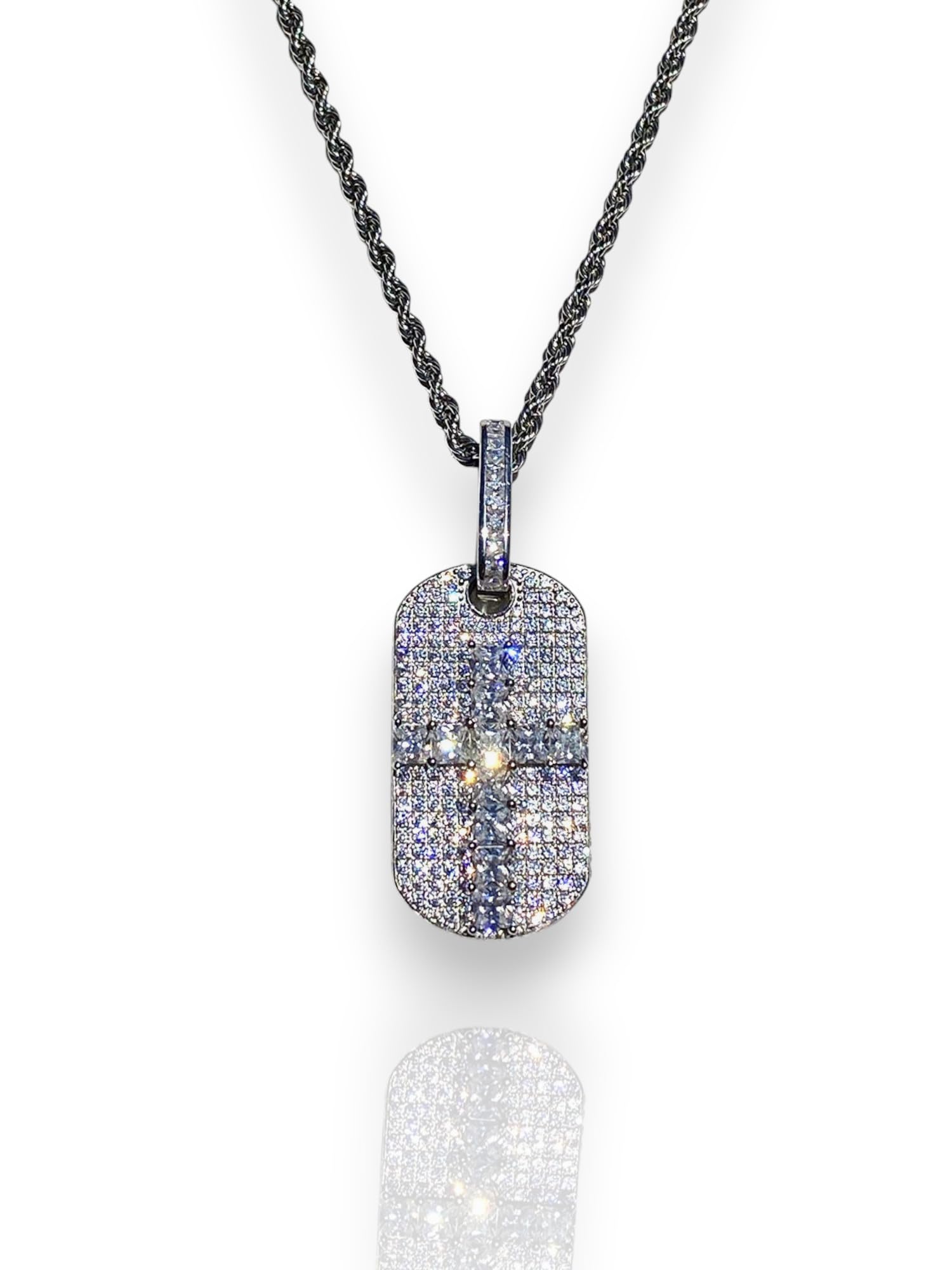 925 Sterling Silver Iced Out Dog Tag Pendant Necklace for Men & Women - Stainless Steel 2mm Rope Chain 16