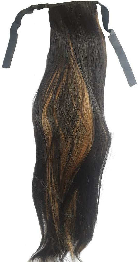 Maahal™ Clip-In Human Hair Ponytail Extensions with Ribbon Binding Comb - 20 Inch Long Straight Golden Highlighted Hair for Women | Perfect for Parties, Weddings & Everyday Styling