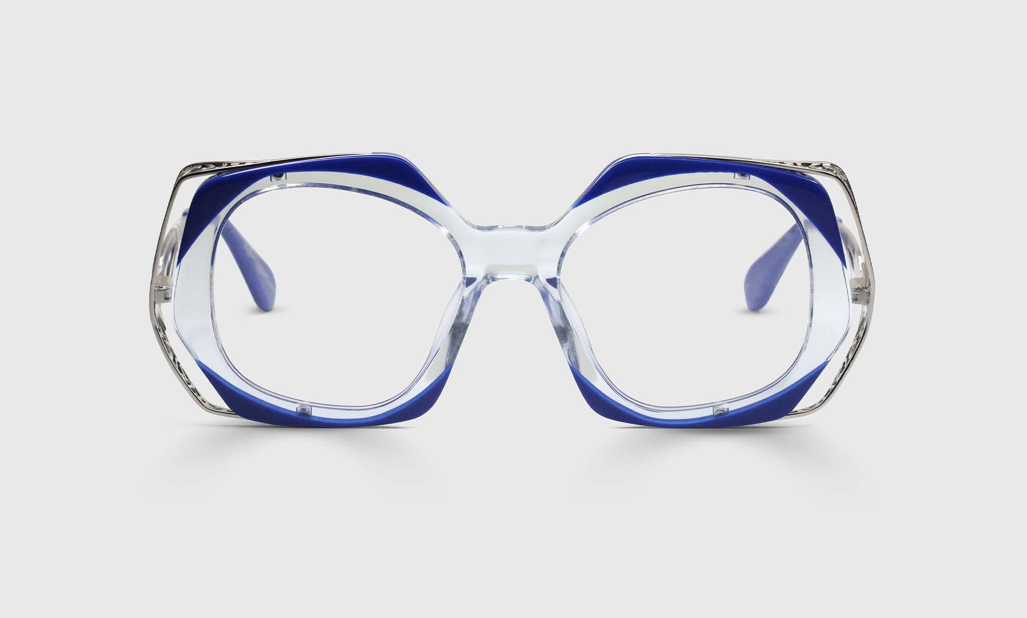 Muse Color 10 Decorative Cobalt Blue & Clear Eyeglass Frames with Intricate Stainless Steel Temples - Stylish Reading Glasses for Women & Men, Perfect for Office, Reading, and Fashion Accessories