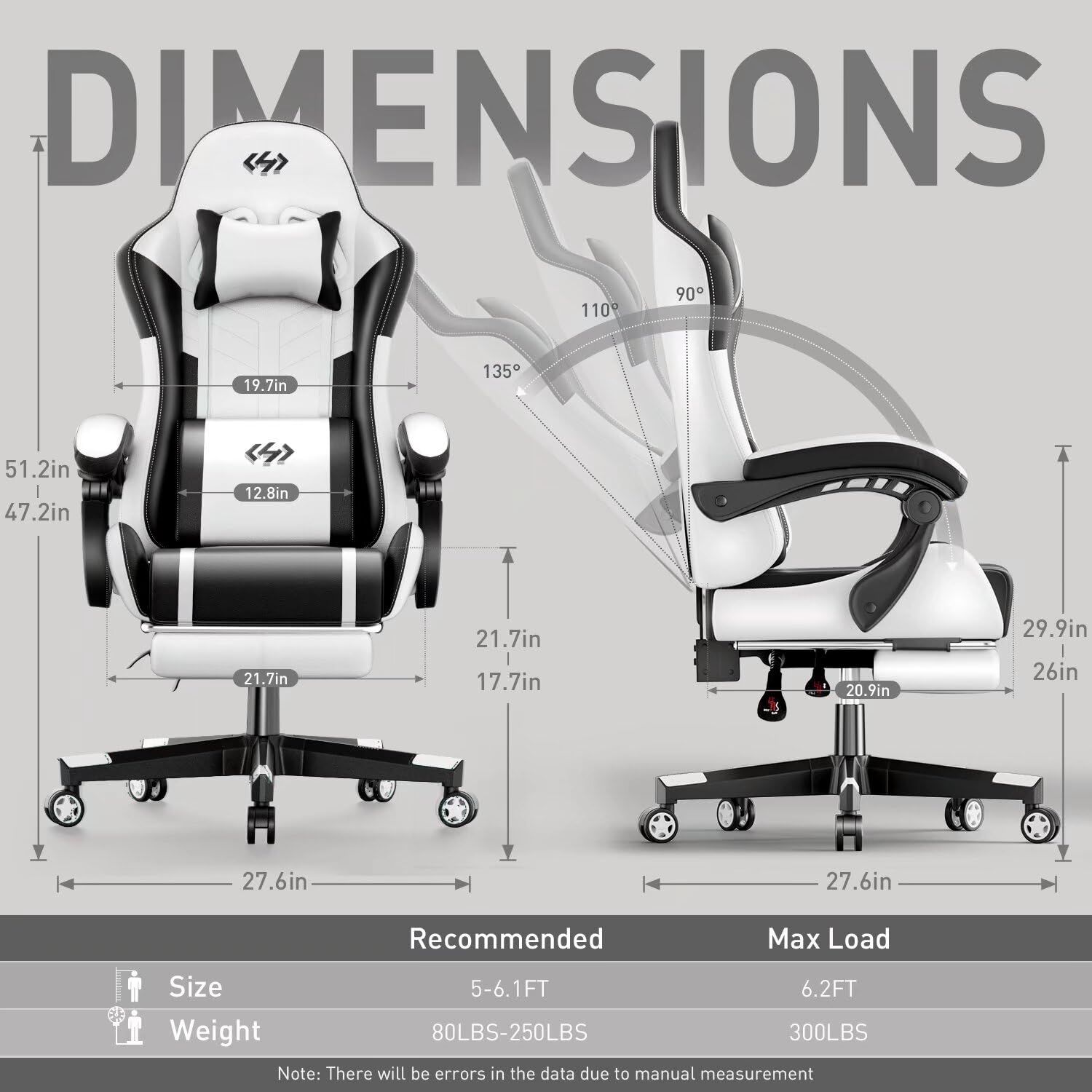 HLDIRECT Ergonomic Gaming Chair for Adults - High Back PU Leather Computer Chair with Adjustable Headrest & Lumbar Support - Swivel Office Chair for PC, Video Games & Work - Black & White Design - Perfect for Home Office, Gaming Setup & Streaming Station