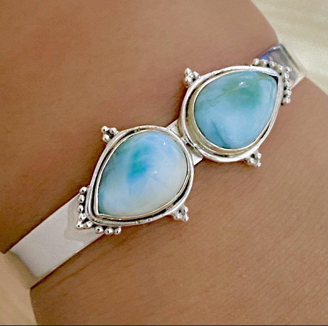 Handmade Zahli Two-Tear Larimar Bangle Bracelet - Genuine Blue Gemstone Jewelry for Women - Perfect for Boho Fashion & Special Occasions