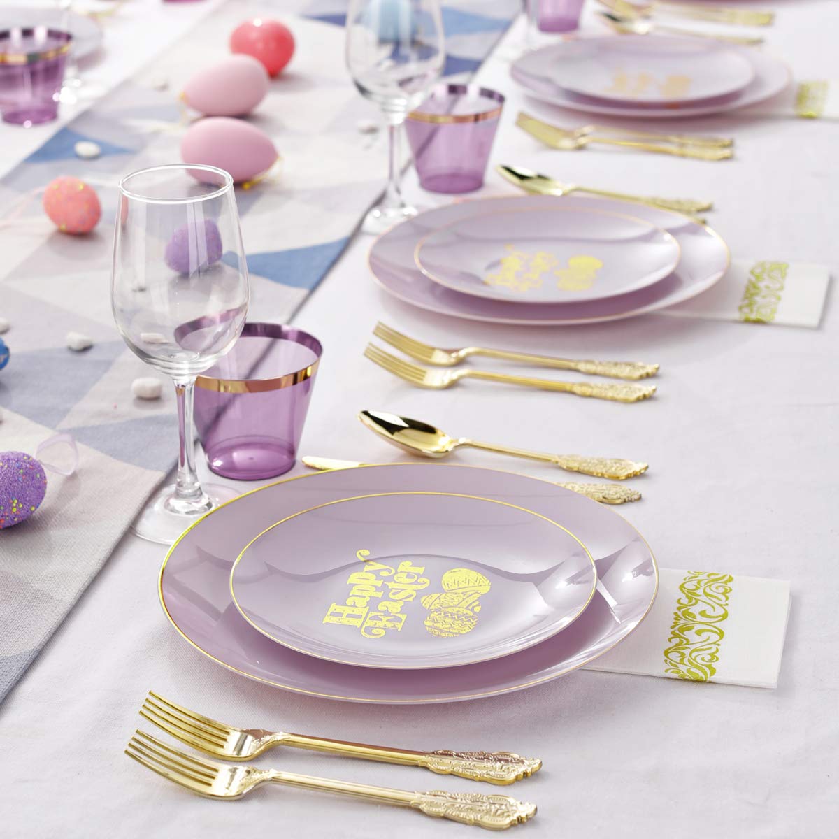 150-Piece Easter Party Tableware Set - Purple & Gold Disposable Plates, Forks, Knives, Spoons & Cups for Easter Celebrations - Perfect for Easter Brunch, Egg Hunts & Spring Gatherings