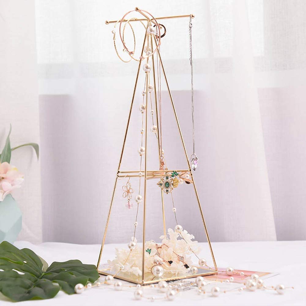 Gold Metal Mirror Jewelry Display Stand - Triangle Earring Necklace Holder with Glass Ring Tray - Elegant Tabletop Organizer for Boutique & Home Decor | Perfect for Jewelry Stores, Bedroom Vanity & Gift Packaging