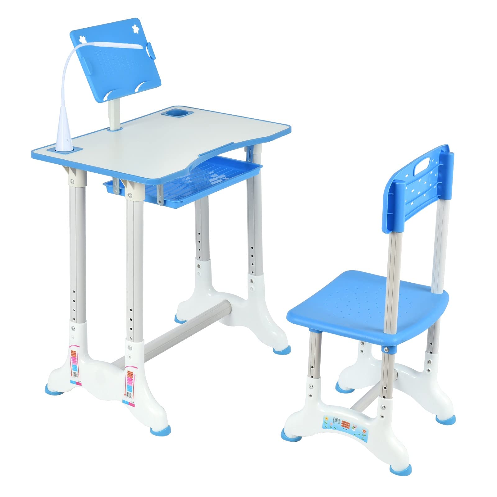 APODTY Adjustable Kids Desk and Chair Set - Ergonomic Study Desk with LED Light, Bookstand, Storage Drawer & Metal Hook - Perfect for Homeschooling & Online Learning (Boys & Girls)