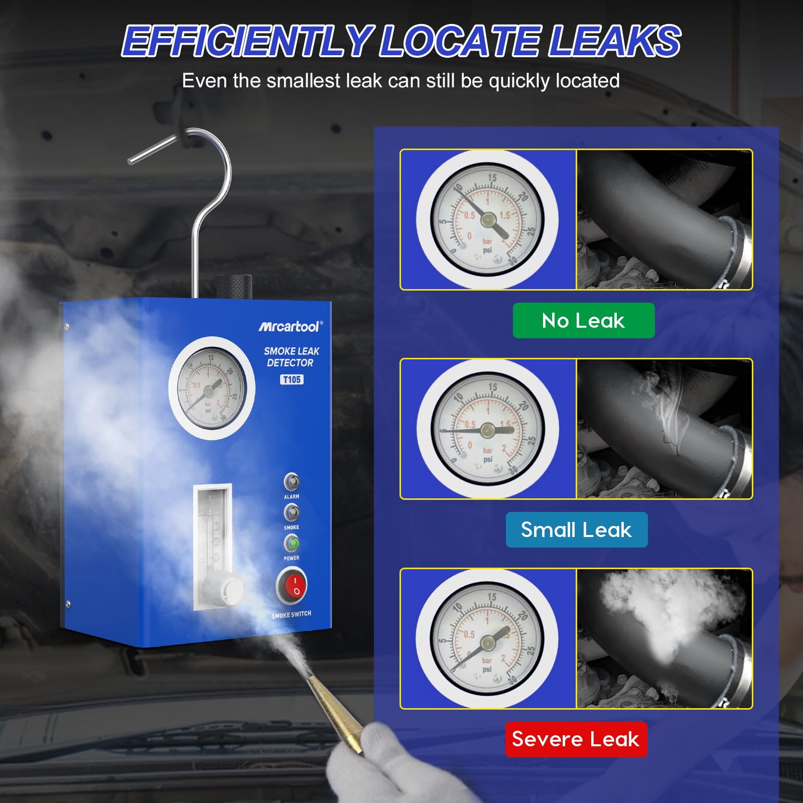 MR CARTOOL T105 Automotive Smoke Machine Leak Tester Kit - 12V DC Smoke Tester with Built-in Air Pump & Pressure Gauge - Vacuum Diagnostic Detector for Car AC System, EVAP, Fuel System & Engine Leak Detection (Ideal for Mechanics & DIY Auto Repair)