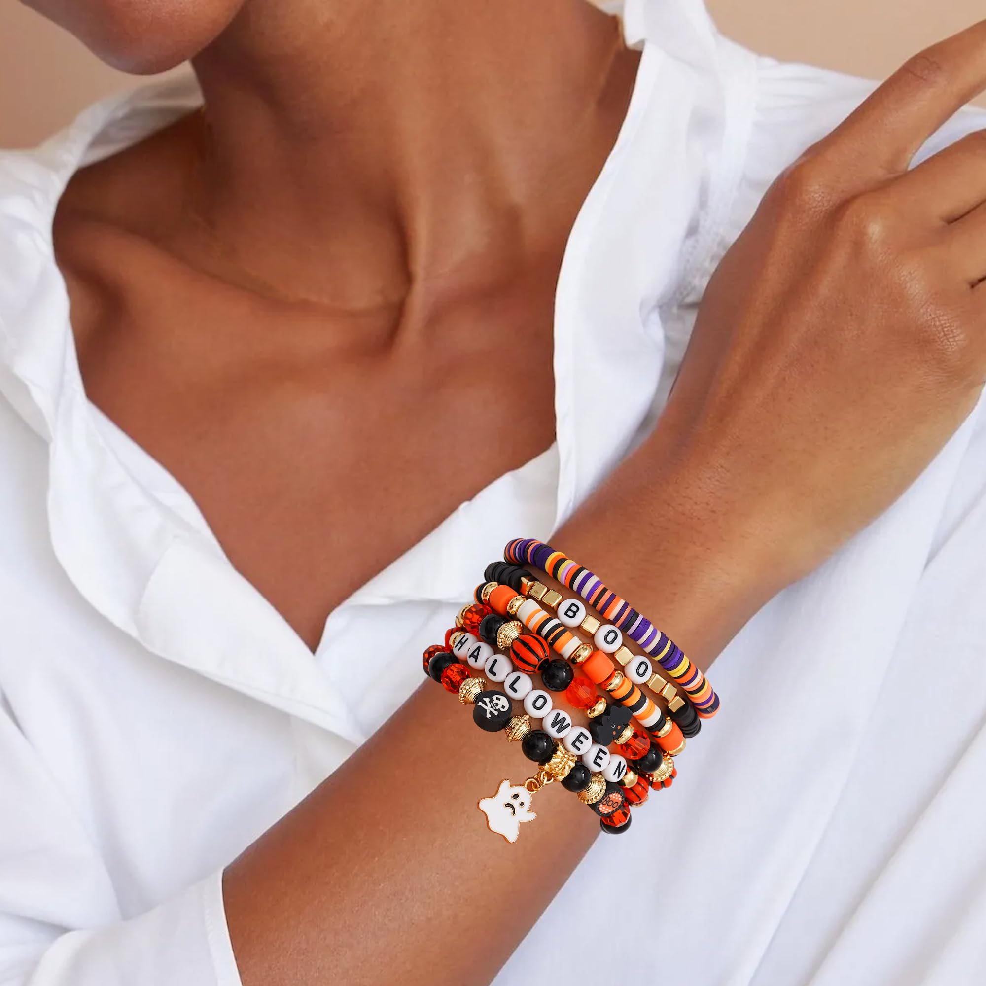 Women's Summer Surfer Heishi Beaded Bracelet Set - Stackable Gold Clay Polymer Stretch Bracelets for Layering - Perfect for Beach, Vacation & Boho Fashion Jewelry