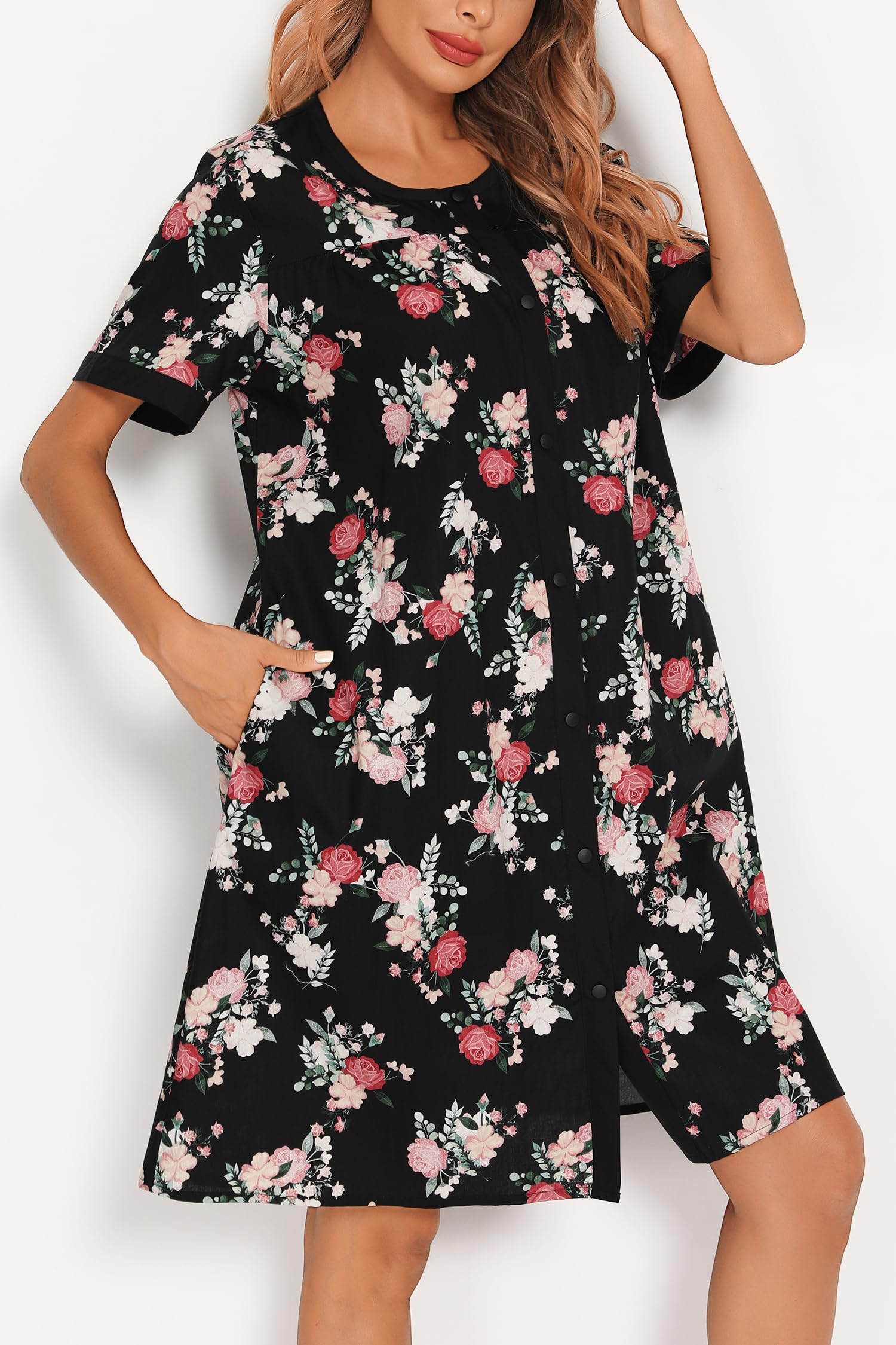 YOZLY Women's Short Sleeve House Dress with Pockets - Comfortable Casual Duster Robe & Moomoo Nightgown for Home, Lounge, and Sleepwear