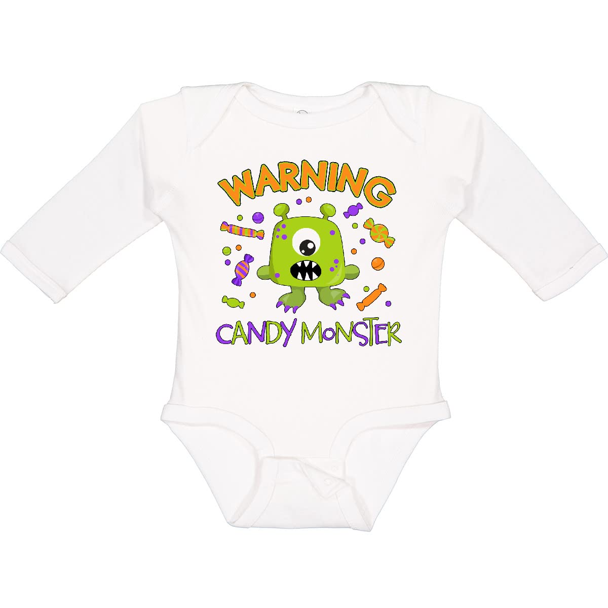 Inktastic Warning Candy Monster Cute Green Long Sleeve Baby Bodysuit - Fun Halloween Costume & Playdate Outfit for Infants