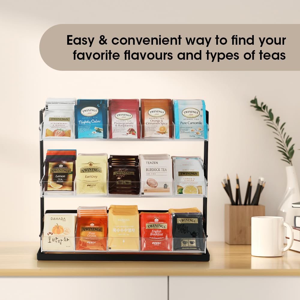 Premium 3-Tier Tea Bag Organizer - Stainless Steel & Acrylic Storage Holder with 15 Compartments for Tea Bags, Sugar Packets & Coffee Pods - Space-Saving Countertop Organizer for Kitchen, Office or Coffee Station (Black, MK956A) by J JACKCUBE DESIGN