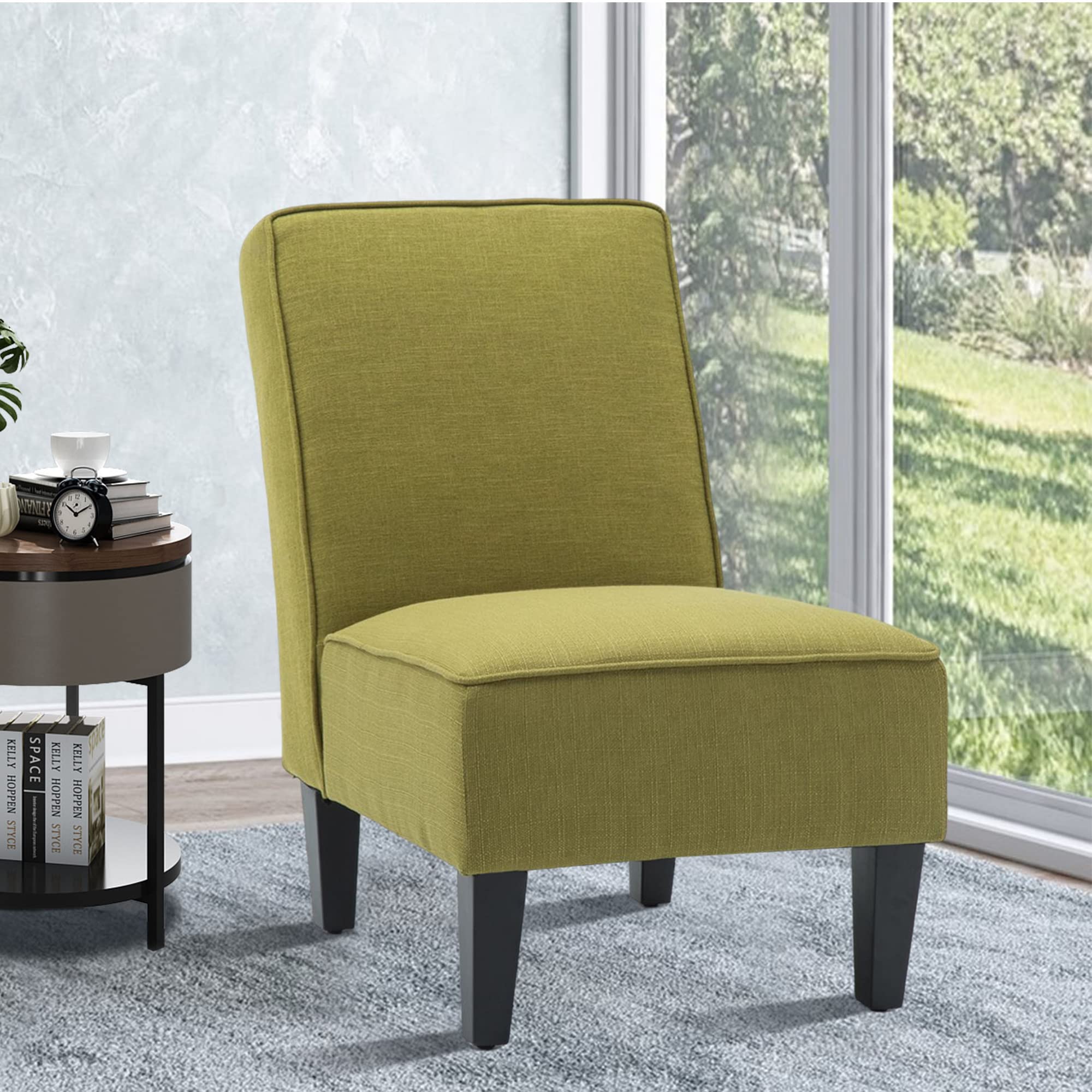 Yongqiang Armless Accent Chair - Upholstered Side Chair with Wood Legs & Green Fabric for Living Room, Bedroom, Office | Perfect for Reading, Relaxing & Small Spaces