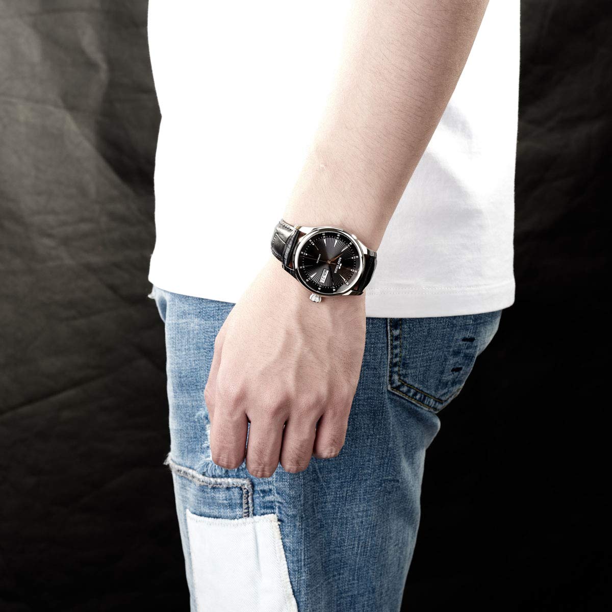 REEF TIGER Men's Automatic Dress Watch with Genuine Leather Strap - Day Date Display Waterproof Stainless Steel Watch RGA8232 | Perfect for Business, Formal Events & Everyday Wear