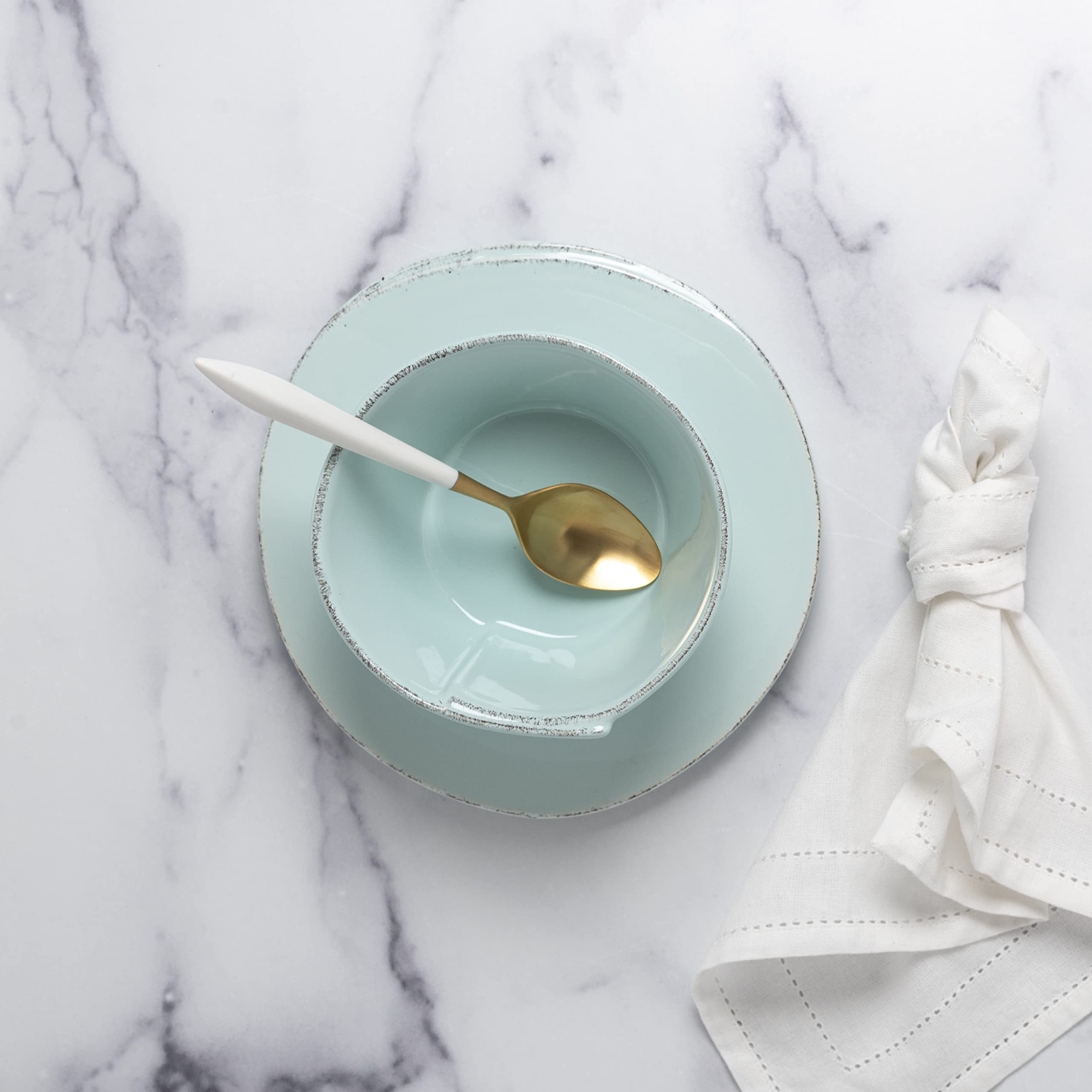 Vietri Aqua 4-Piece Dinnerware Set - Blue Stoneware Plates & Bowls, Microwave & Dishwasher Safe for Everyday Dining & Entertaining