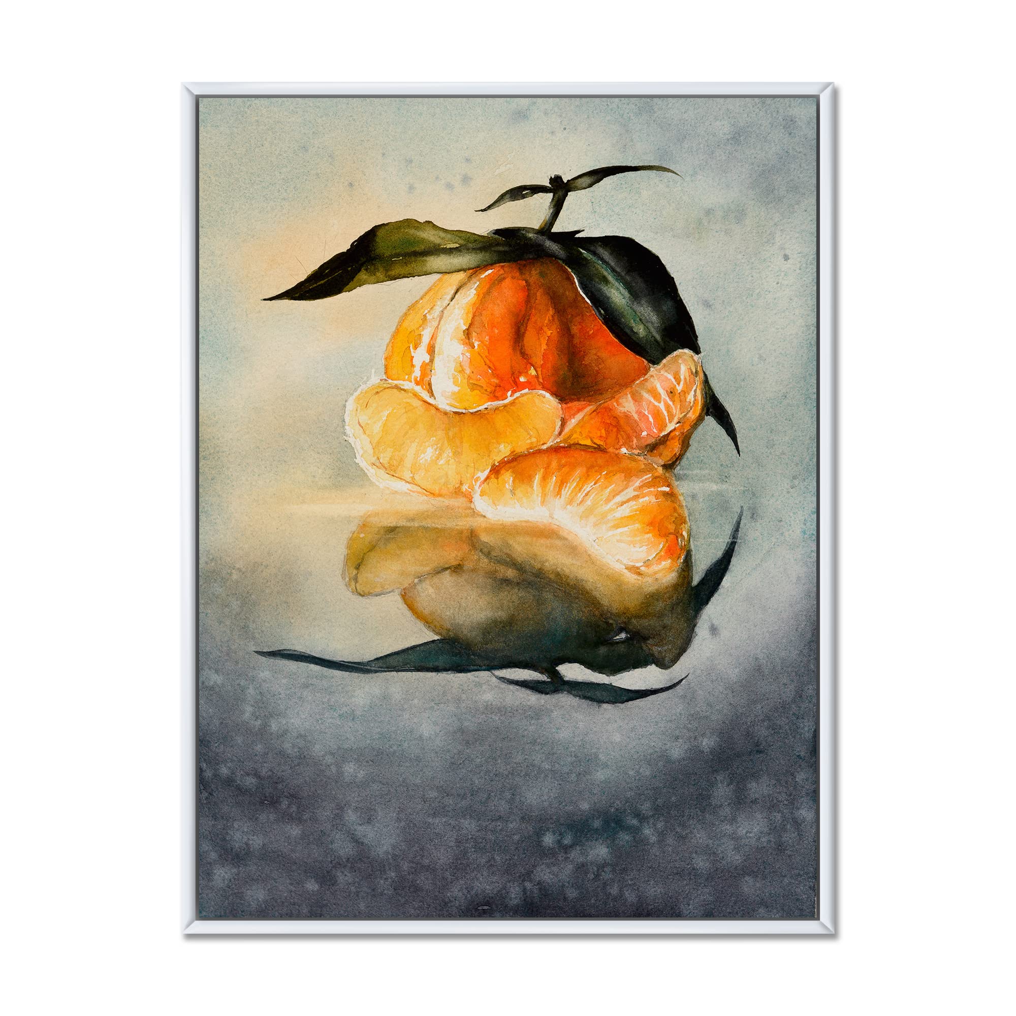 Fresh Peeled Orange Mandarin with Green Leaves - Traditional Framed Canvas Wall Art Print - Perfect for Kitchen, Dining Room & Farmhouse Decor