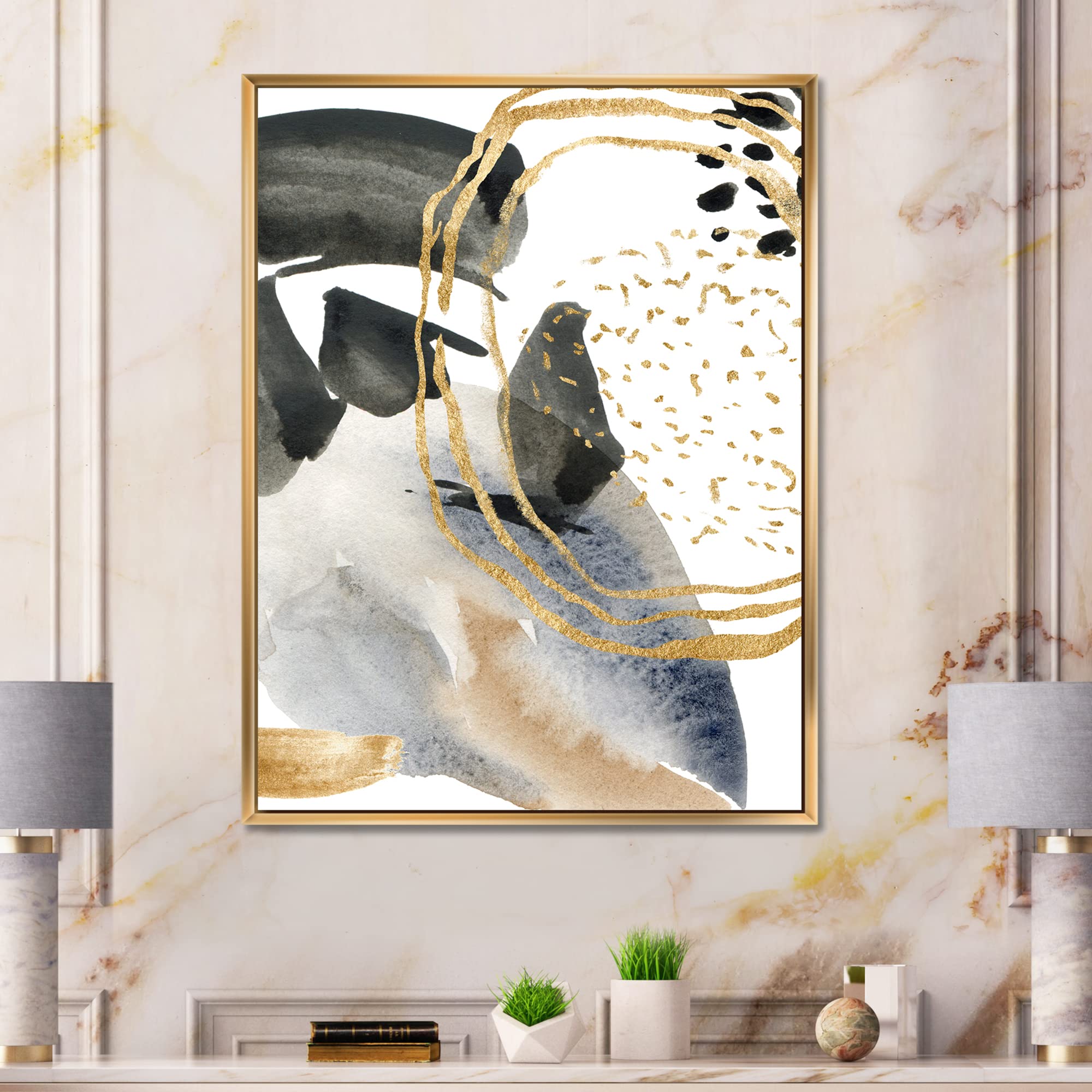 Pastel Abstract Framed Canvas Wall Art with Blue, Black, Beige & Gold Spots - Modern Home Decor for Living Room, Bedroom & Office