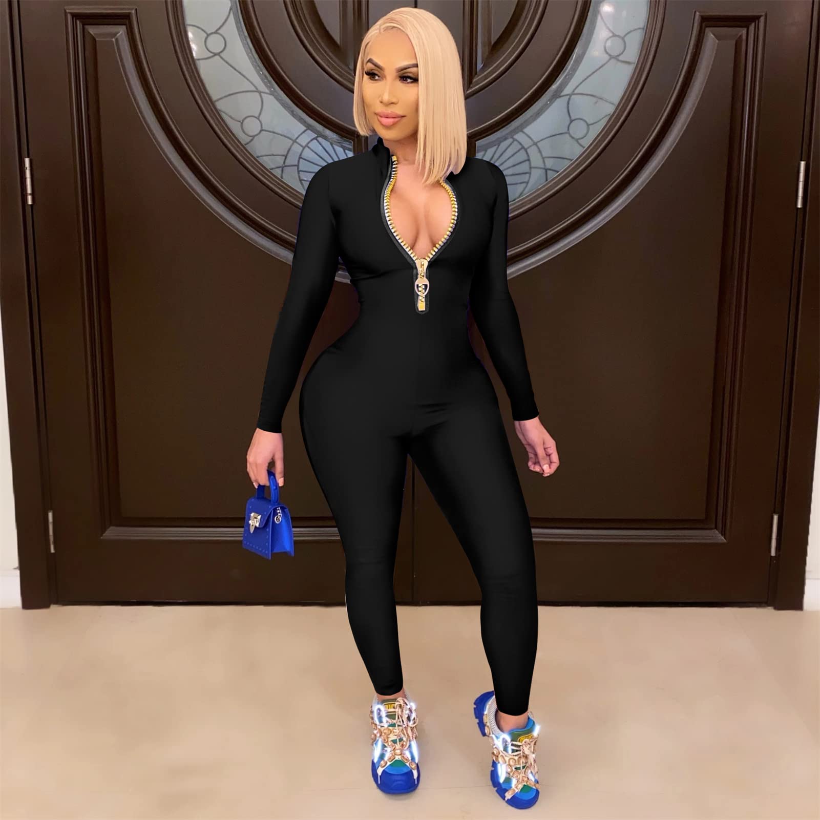 Sexy Women's Bodycon Jumpsuit with V-Neck & Long Sleeves - Stretchy Zipper One Piece Outfit for Club, Date Night & Evening Parties