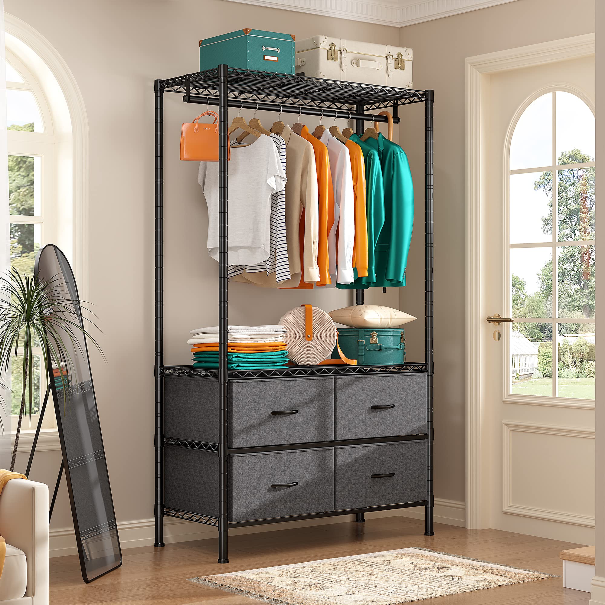 Raybee Heavy Duty Clothes Rack with 4 Drawers & Shelves - Sturdy Portable Closet Organizer for Hanging Clothes - Durable Black Garment Rack for Bedroom, Closet, Laundry Room or Dorm Organization