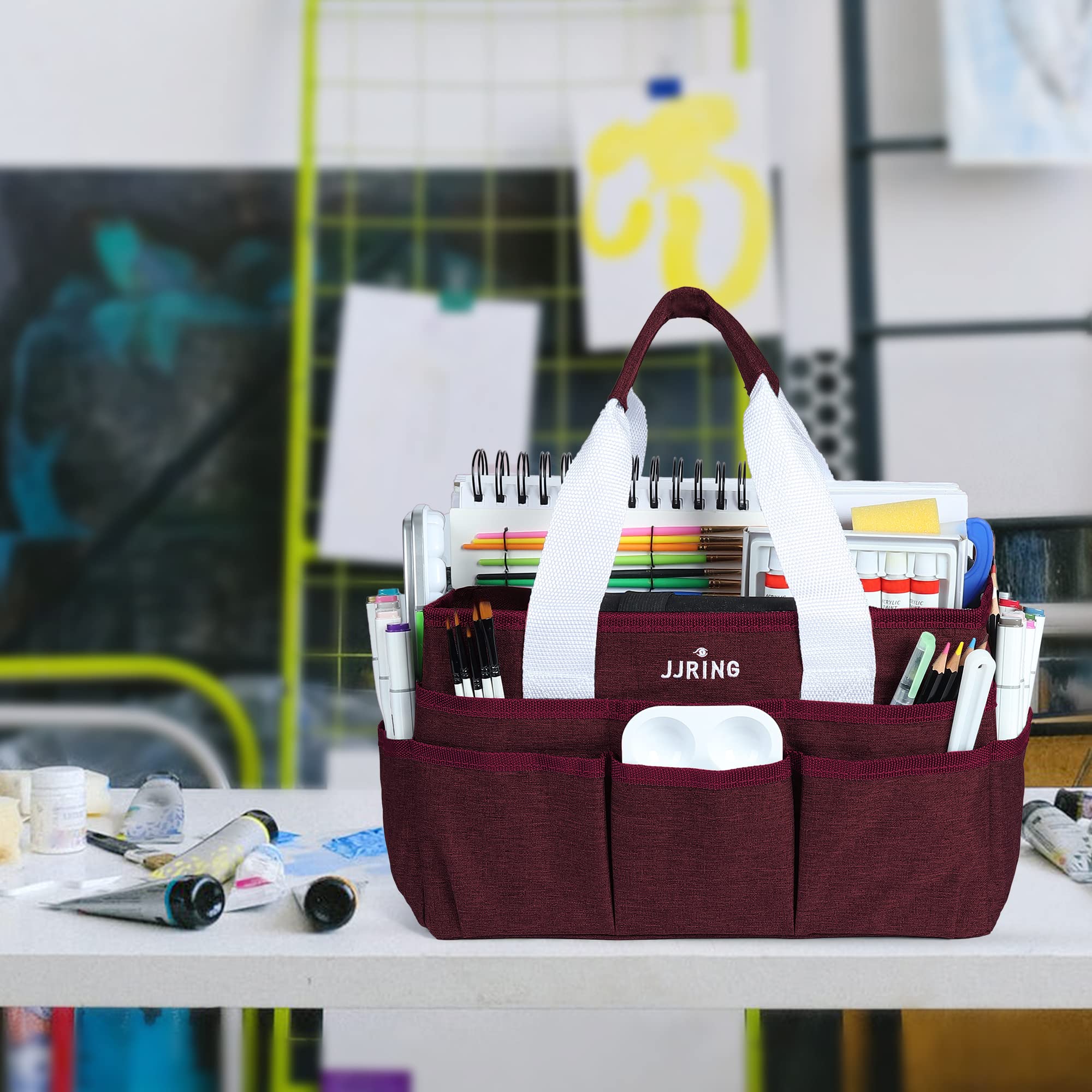JJRING Craft Organizer Tote Bag with Multiple Pockets - Dark Red Art Storage Caddy for Sewing, Scrapbooking, School, Medical & Office Supplies | Perfect for Artists, Students & Professionals