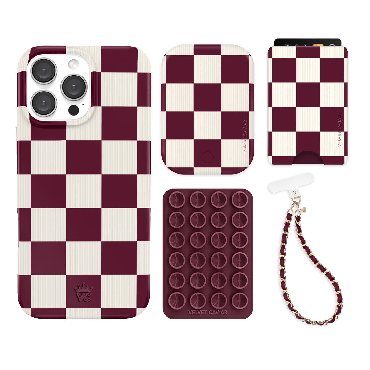 Burgundy Checkered iPhone Case with Wallet - Stylish Protective Phone Cover for iPhone 13/14/15 Pro Max | Perfect for Everyday Use, Travel & Shopping