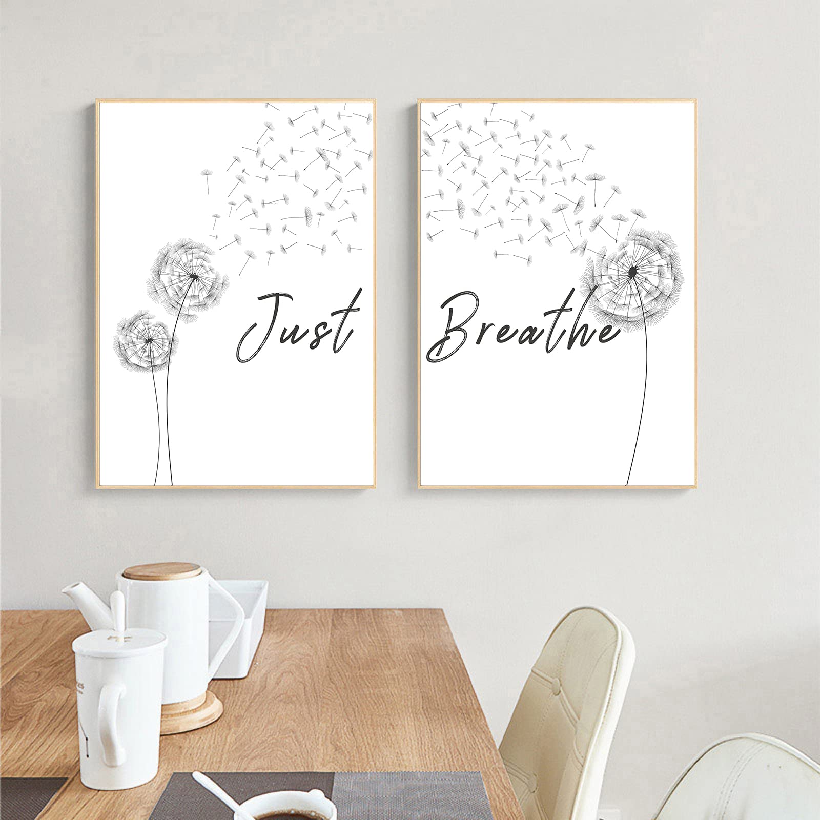 Just Breathe Wall Art Canvas - Dandelion Print Meditation Decor for Office & Bathroom - 12x16 Inch Set of 2 - Relaxing Home Decor for Stress Relief & Mindfulness Practice