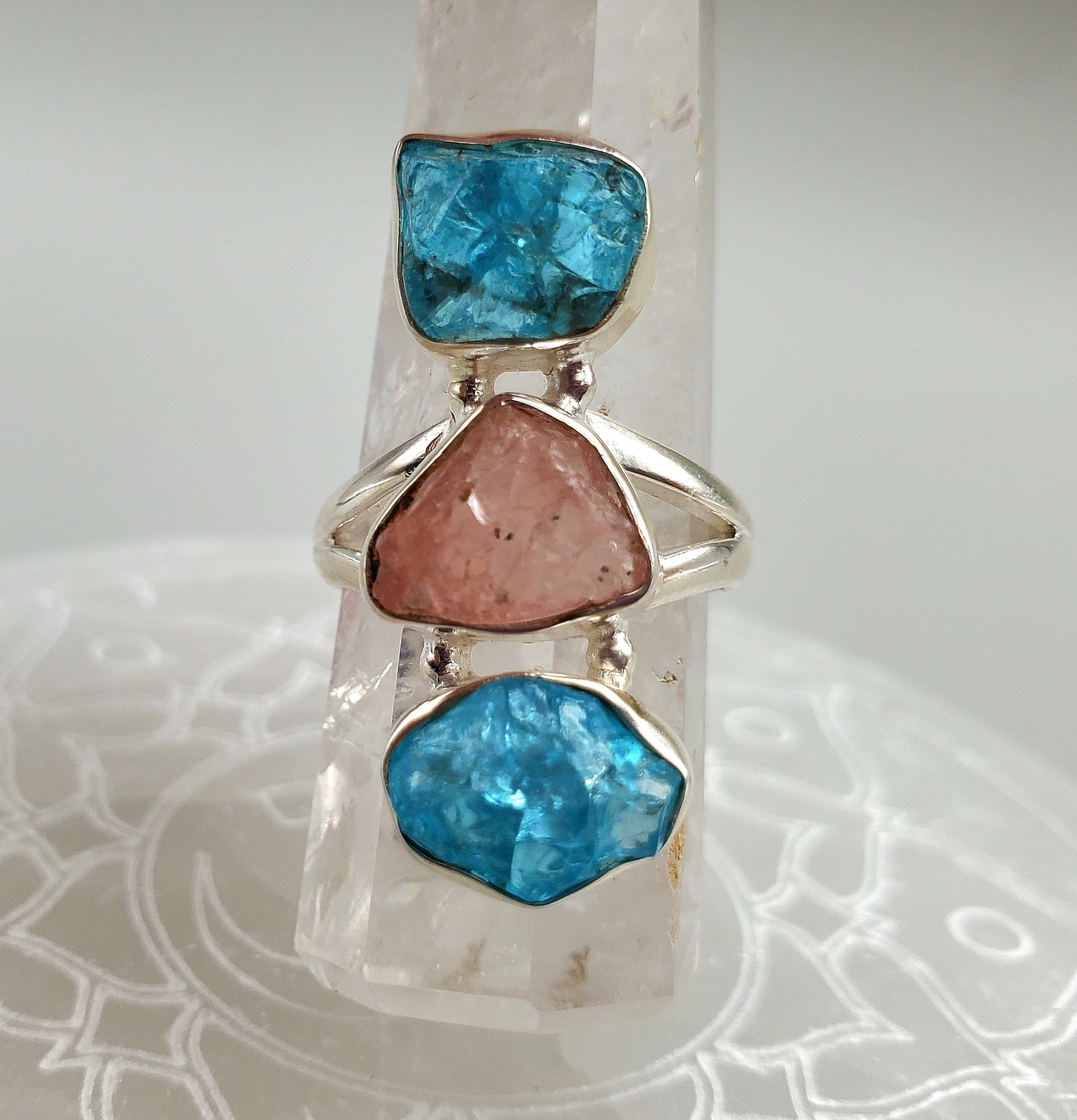 Apatite and Rose Quartz Sterling Silver Ring for Women - Elegant Healing Crystal Jewelry for Meditation, Yoga & Spiritual Gifts