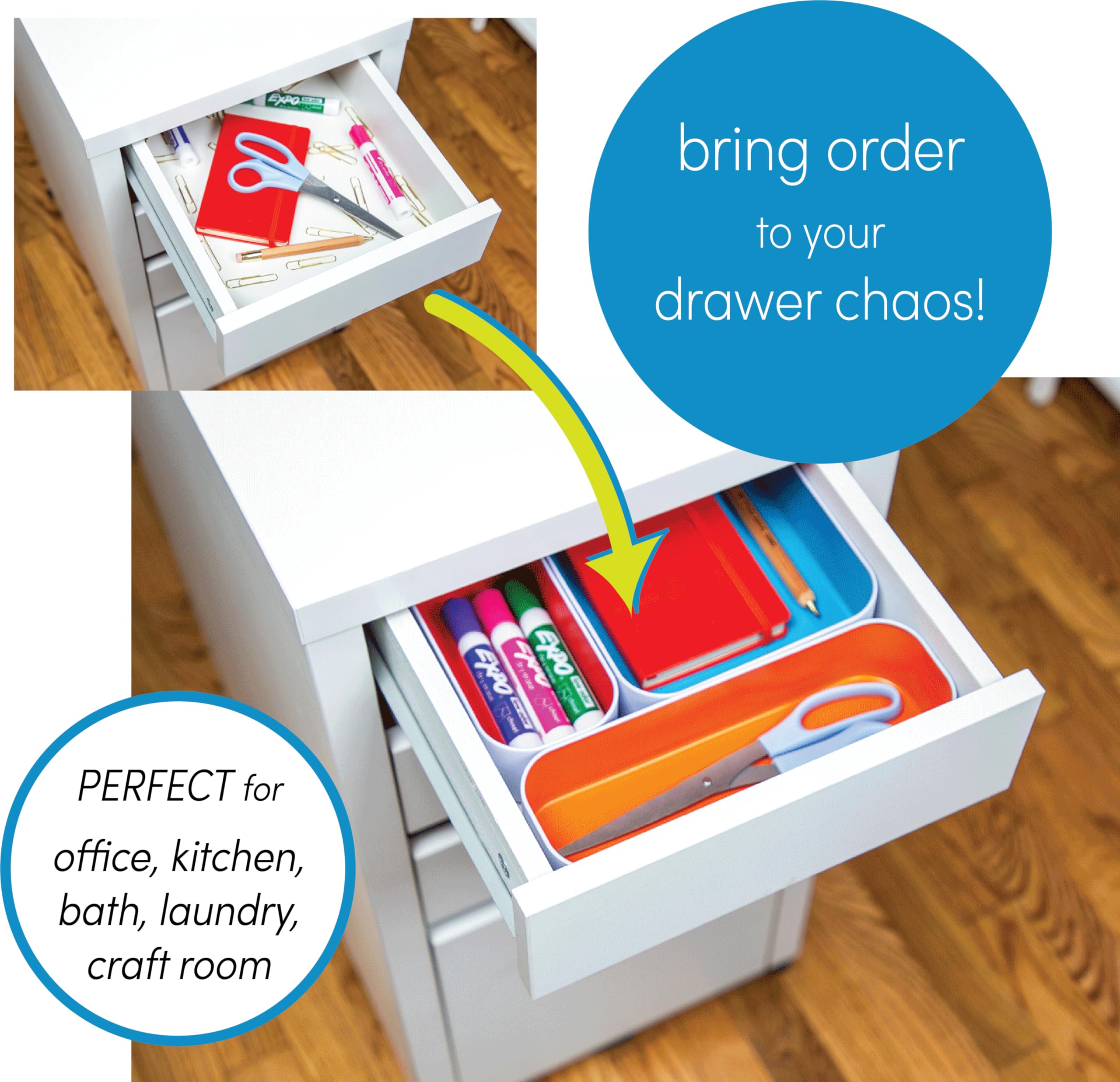 Three by Three Seattle 5-Piece Shallow Metal Organizer Tray Set (1 Inch) - Multicolor Drawer Organizers for Makeup, Stationery, Utensils | Perfect for Office Desk, Kitchen & Bathroom Storage | Space-Saving Solution for Home & Office Organization